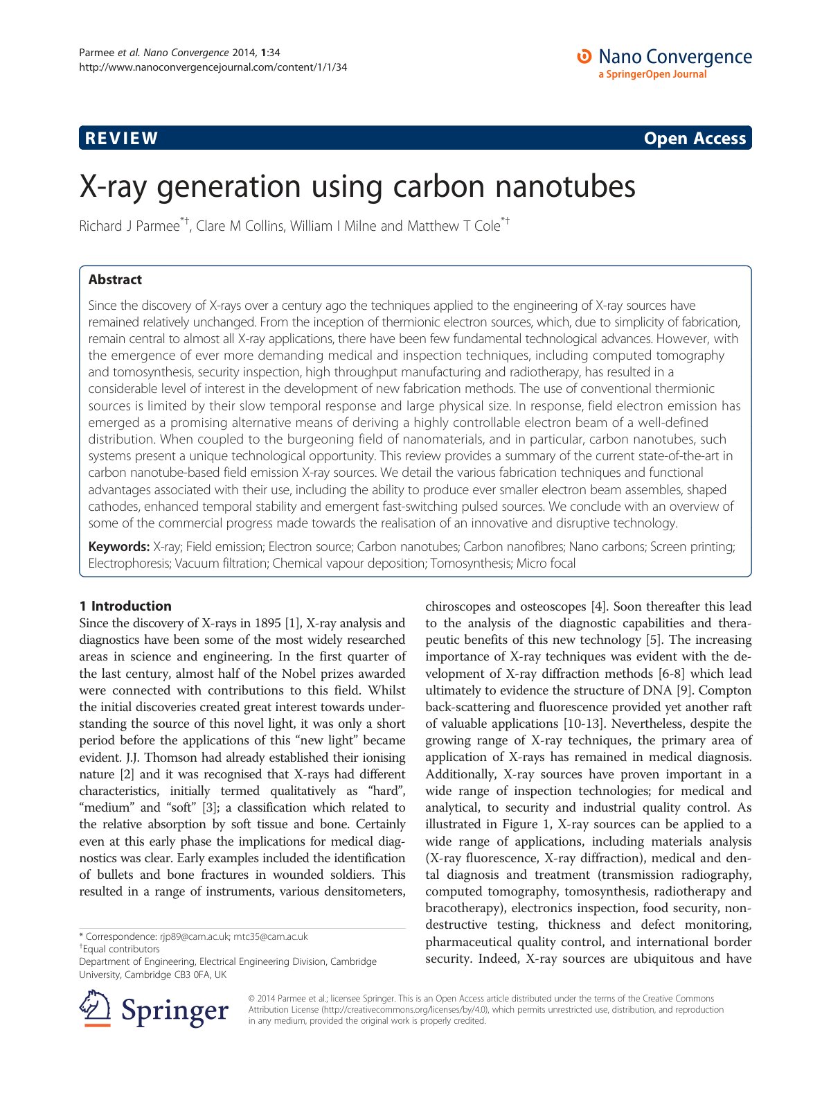 First page of X-ray generation using carbon nanotubes