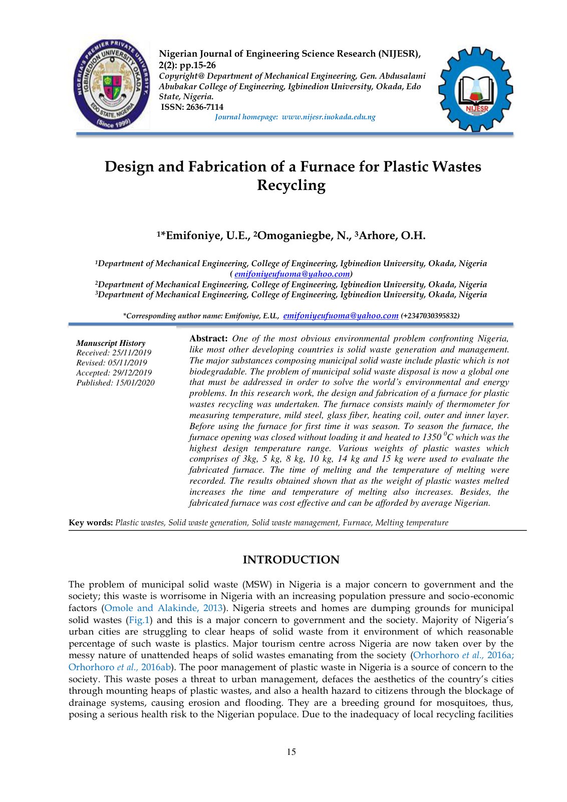 First page of Design and Fabrication of a Furnace for