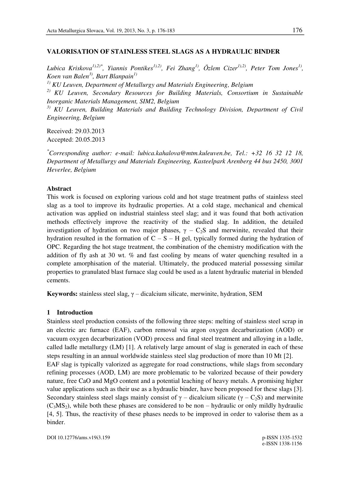 First page of VALORISATION OF STAINLESS STEEL SLAGS AS A HYDRAULIC BINDER