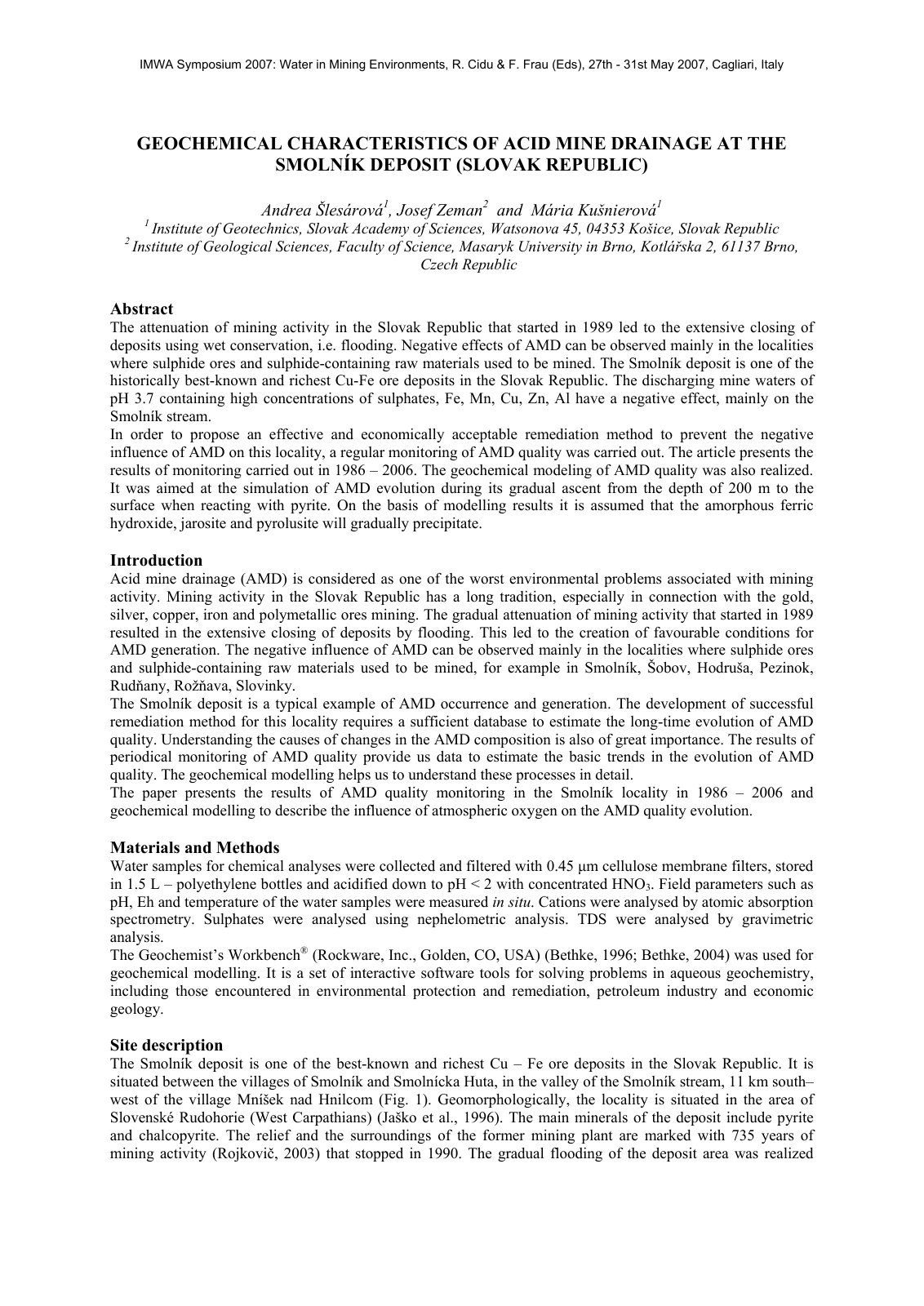 First page of GEOCHEMICAL CHARACTERISTICS OF ACID MINE DRAINAGE AT THE SMOLNÍK DEPOSIT (SLOVAK REPUBLIC)