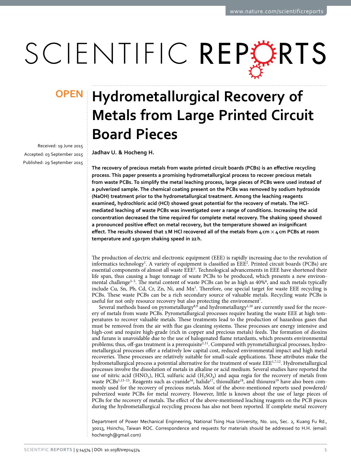 First page of Hydrometallurgical Recovery of Metals fr