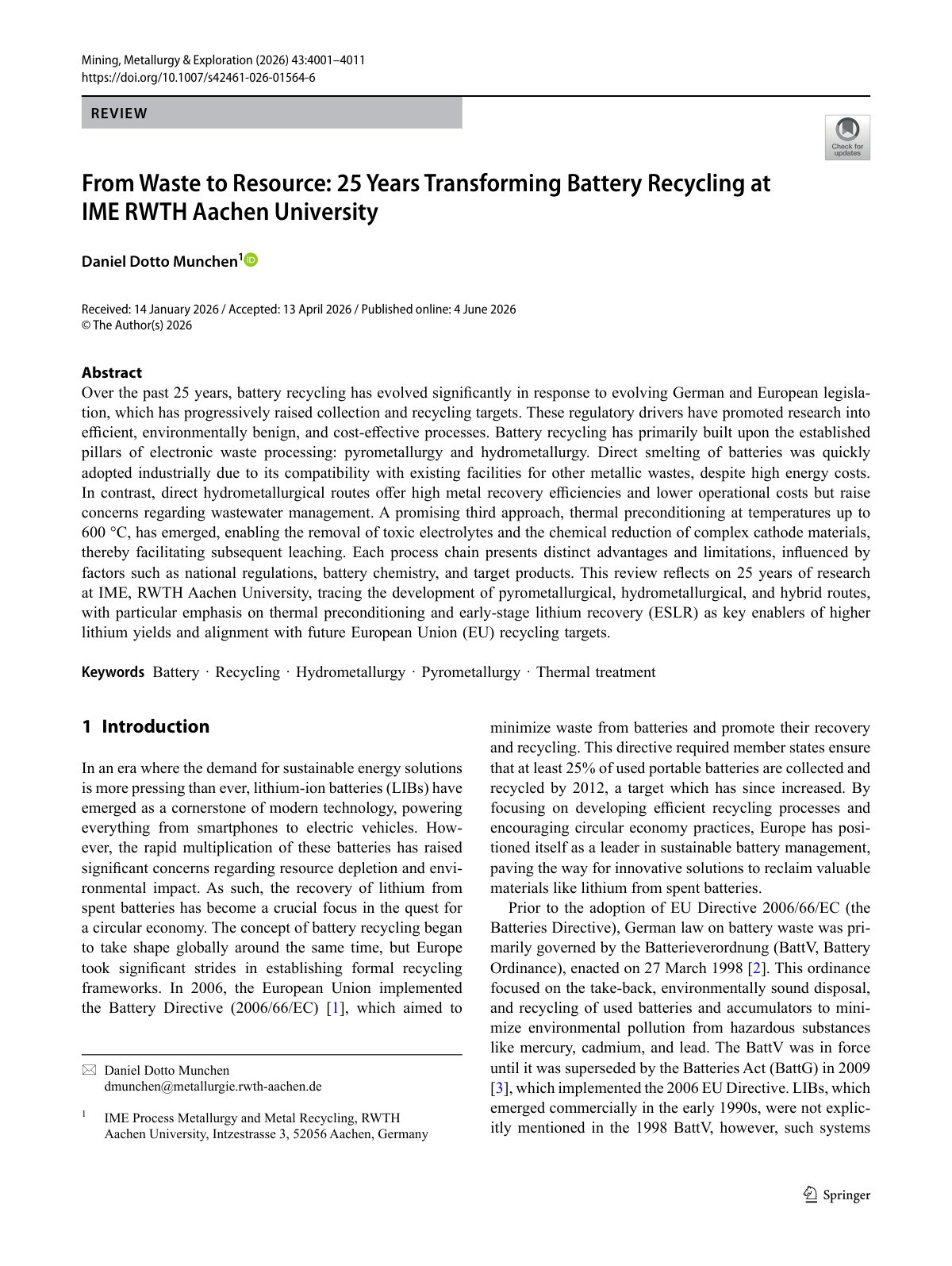 First page of 2026 Munchen 25 Years Battery Recycling IME RWTH