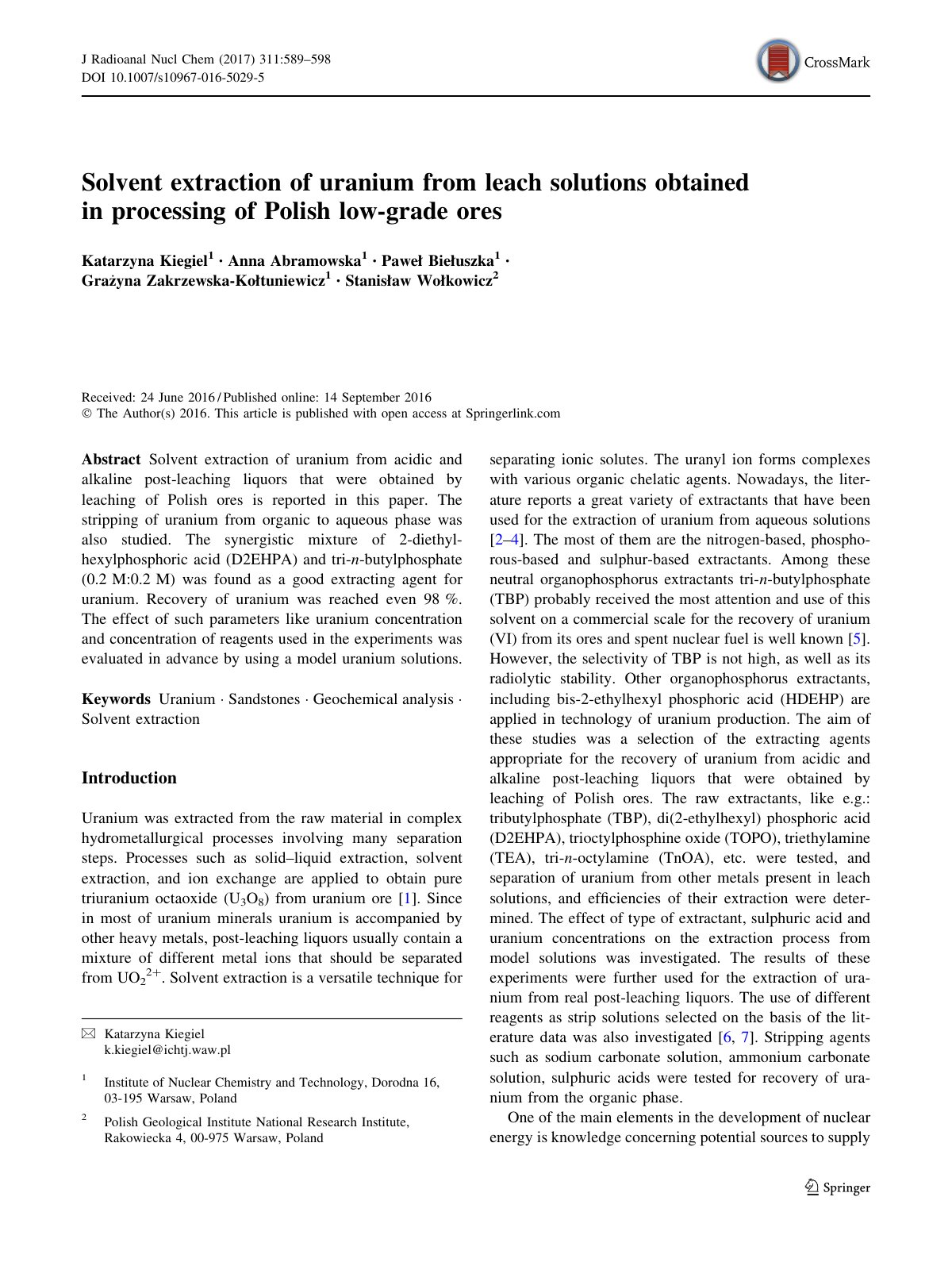 First page of Solvent extraction of uranium from leach