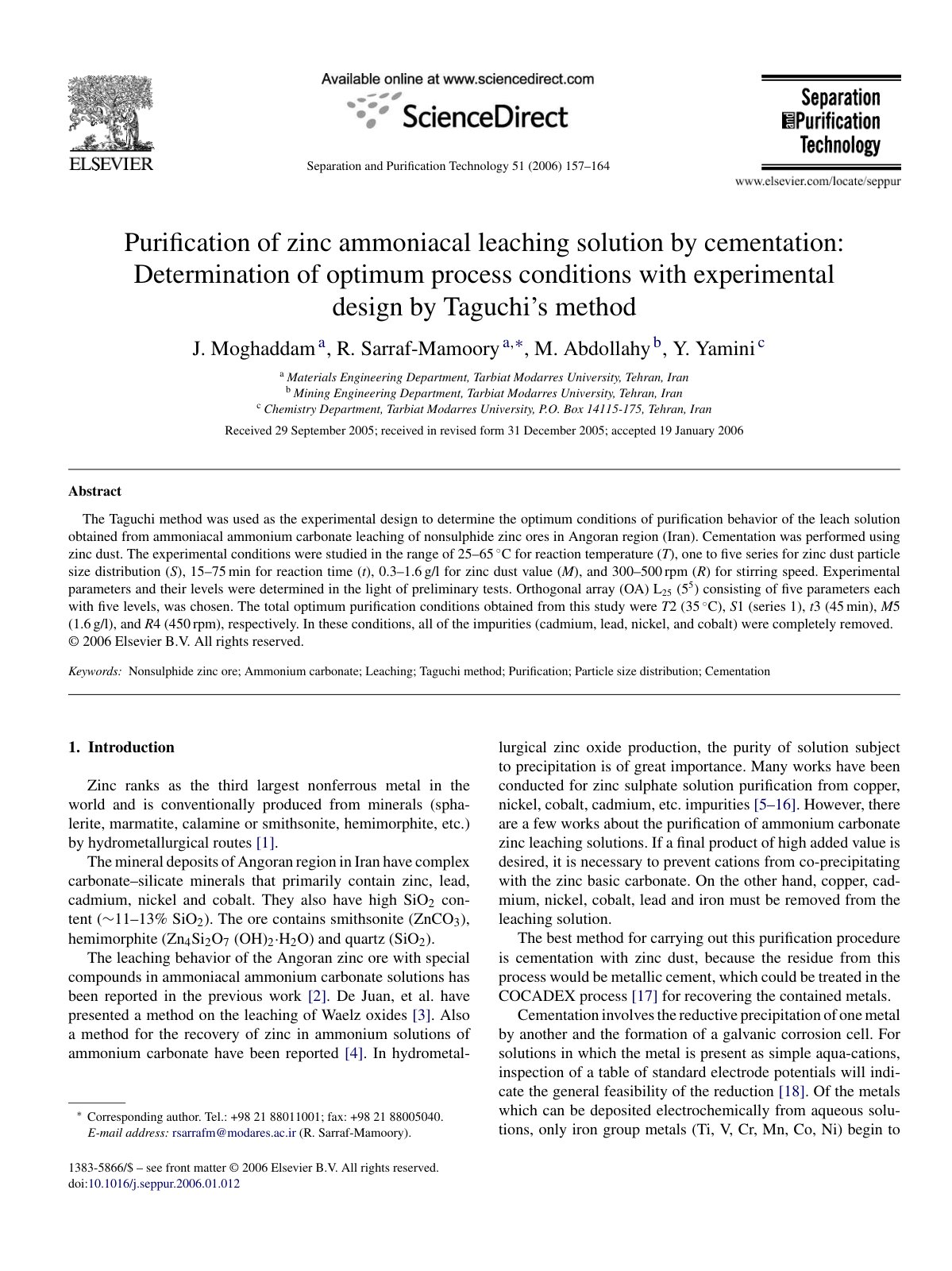 First page of Puriﬁcation of zinc ammoniacal leaching solution by cementation: Determination of optimum process conditions with experimental design by T aguchi’s method