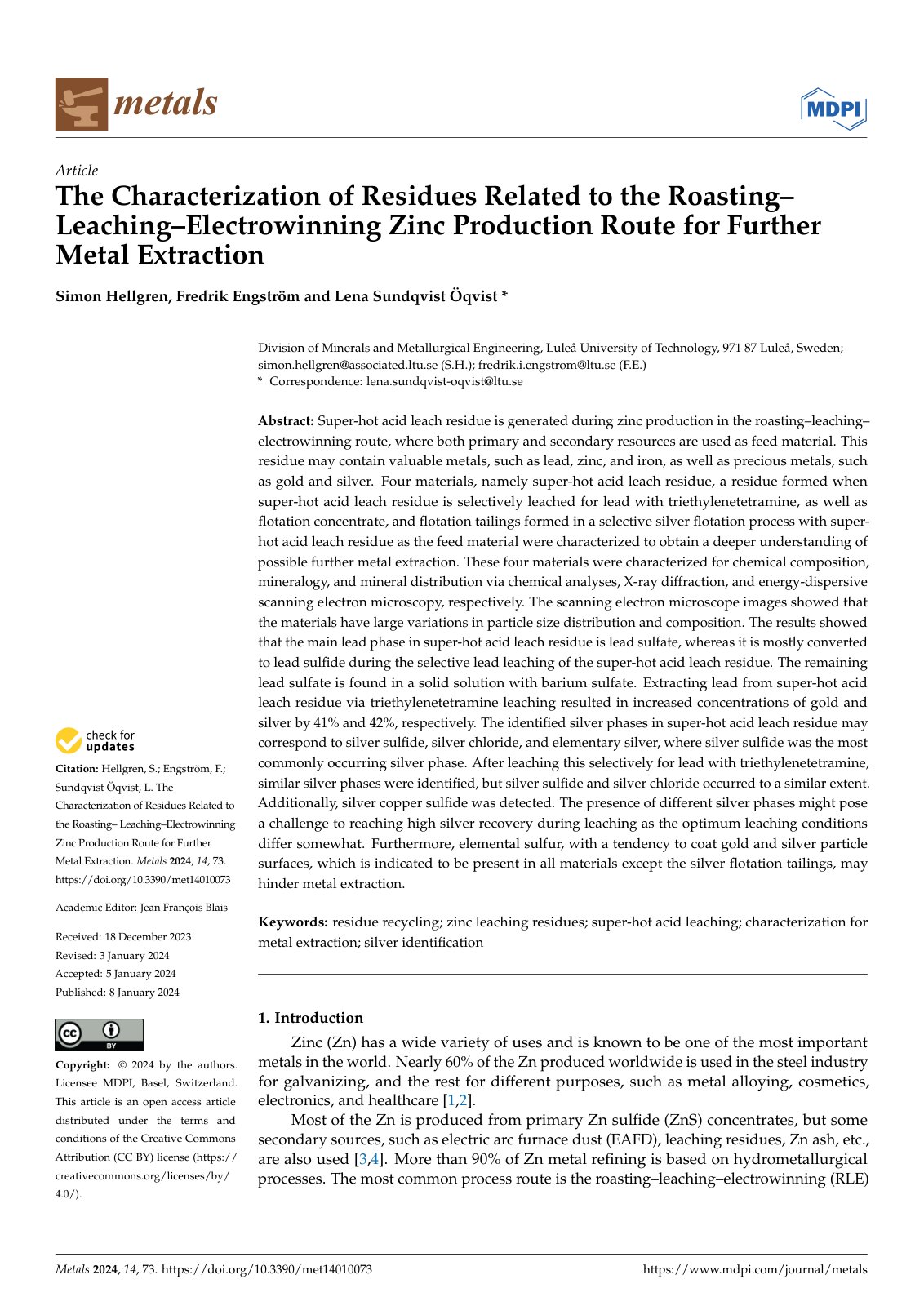 First page of The Characterization of Residues Related to the Roasting– Leaching–Electrowinning Zinc Production Route for Further Metal Extraction