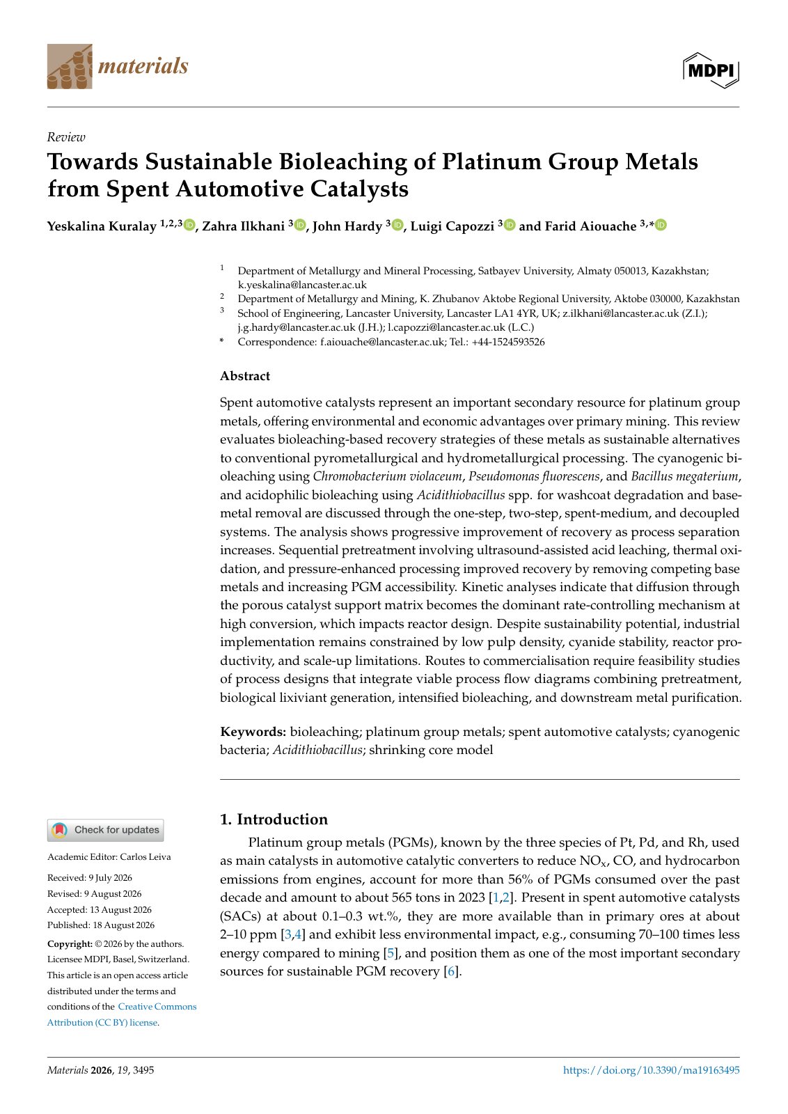 First page of Towards Sustainable Bioleaching of Platinum Group Metals from Spent Automotive Catalysts