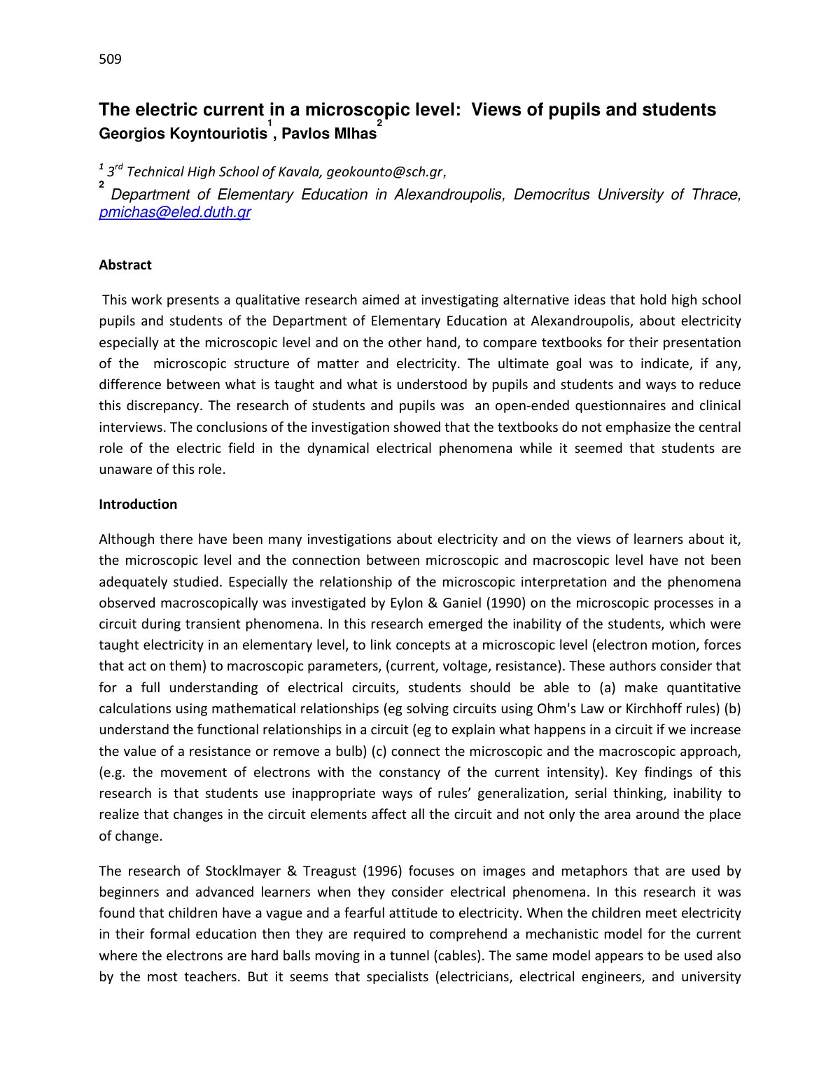 First page of The electric current in a microscopic level:  Views of pupils and students