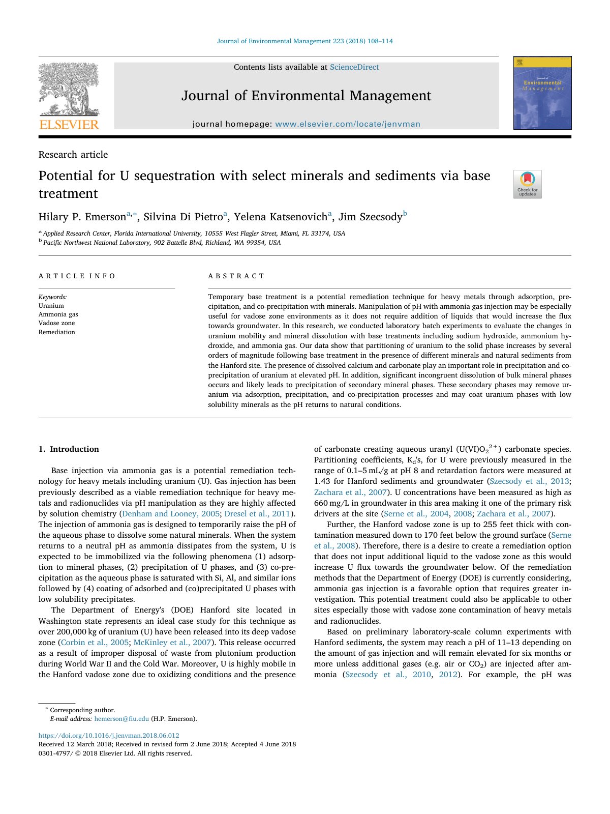 First page of Potential for U sequestration with select minerals and sediments via base treatment