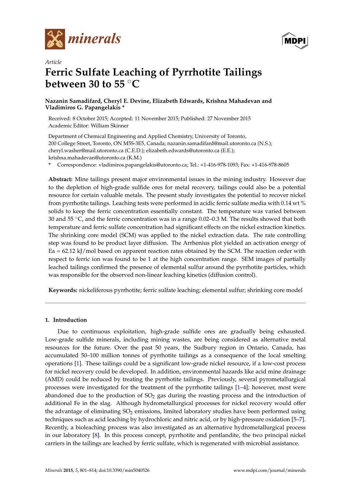First page of Ferric Sulfate Leaching of Pyrrhotite Tailings between 30 to 55 °C