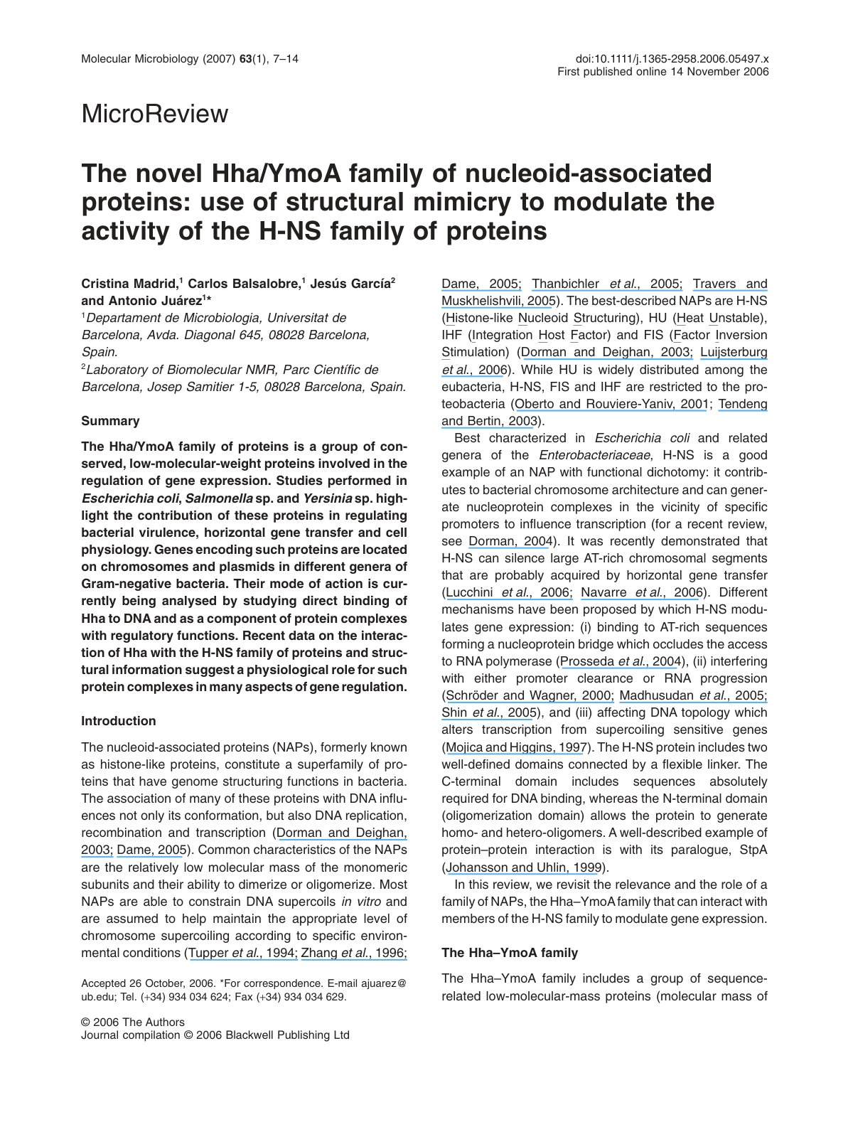 First page of The novel Hha/YmoA family of nucleoid-associated proteins: use of structural mimicry to modulate the activity of the H-NS family of proteins