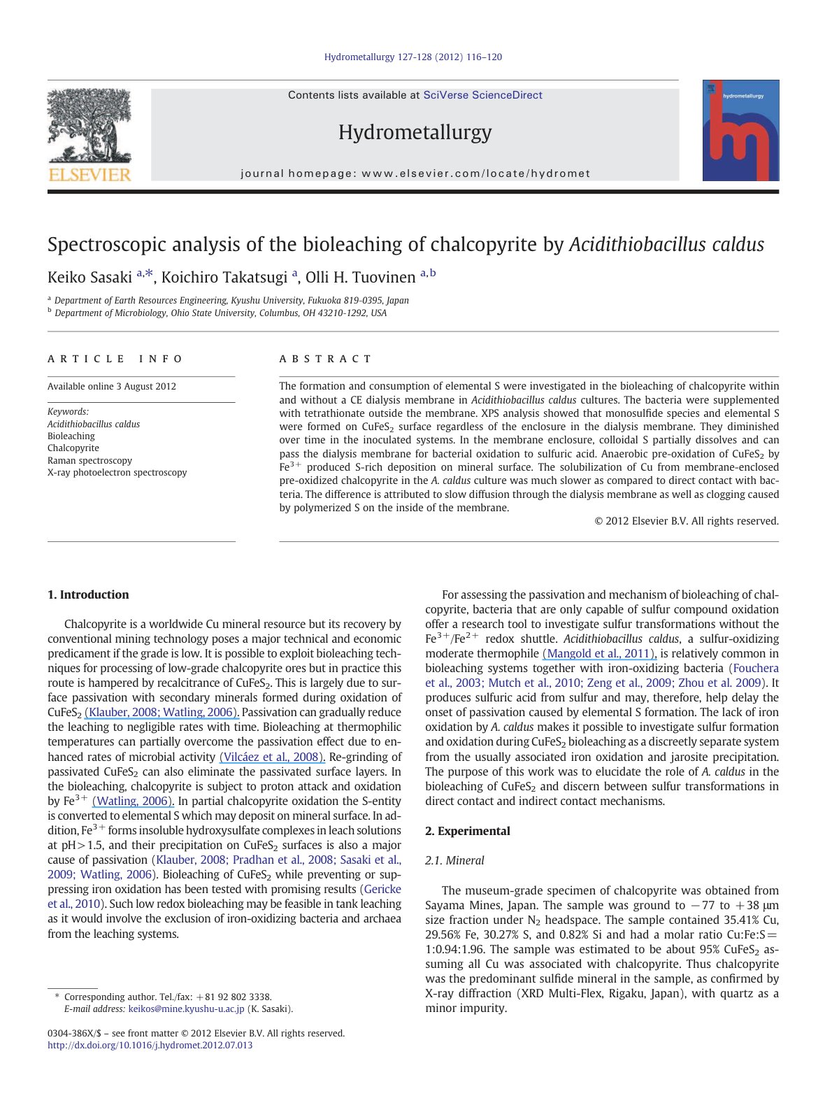 First page of Spectroscopic analysis of the bioleachin