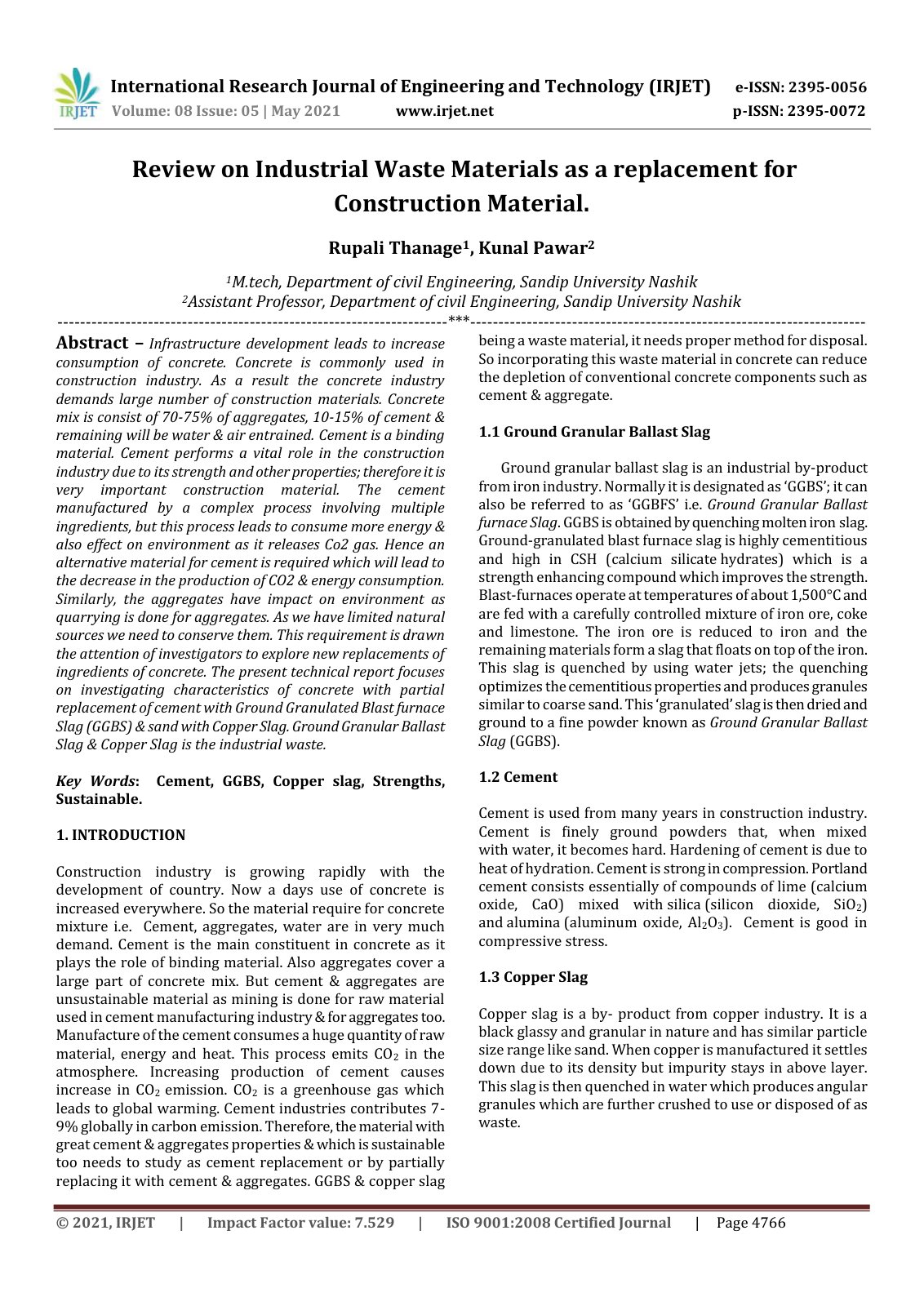 First page of IRJET Review on Industrial Waste Materia