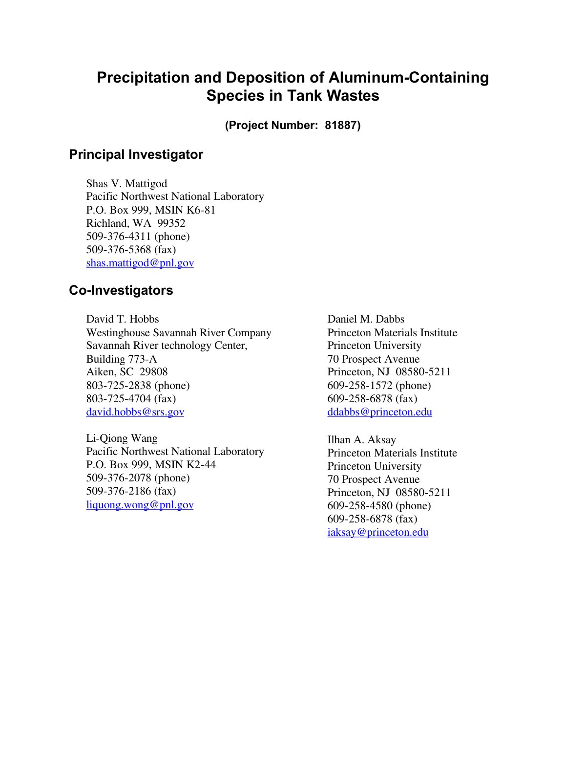 First page of Precipitation and Deposition of Aluminum-Containing Species in Tank Wastes