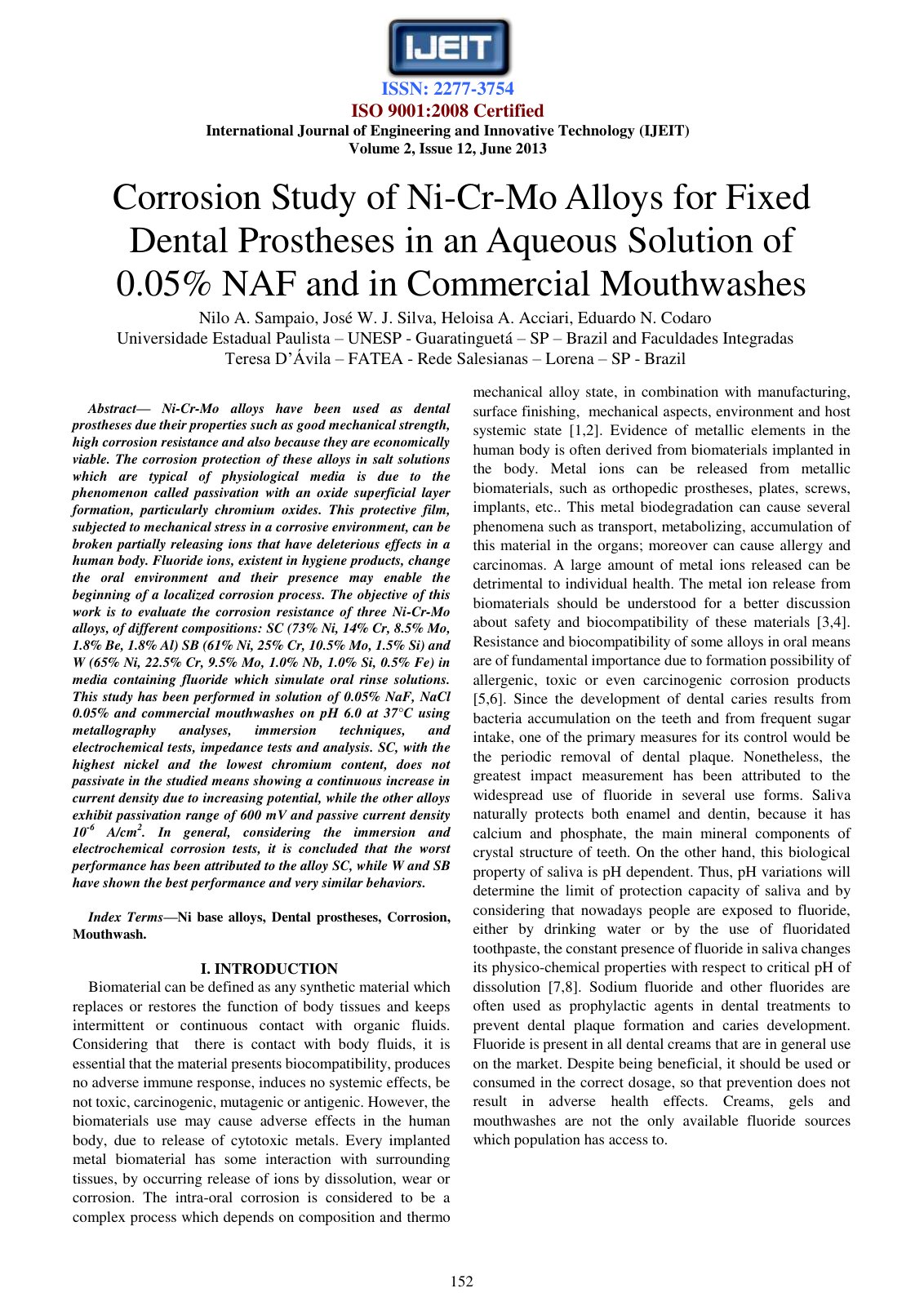 First page of Corrosion Resistance of Ni-Cr-Mo Alloys in Fluoride Media Simulating Oral Rinse Solutions