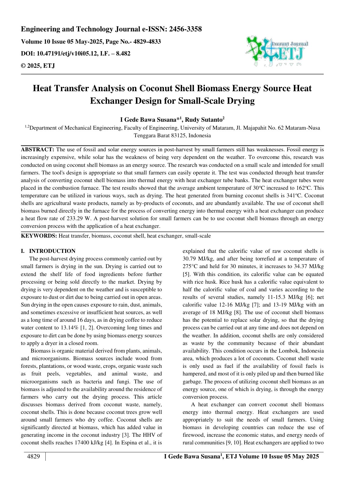 First page of Heat Transfer Analysis on Coconut Shell Biomass Energy Source Heat  Exchanger Design for Small-Scale Drying    