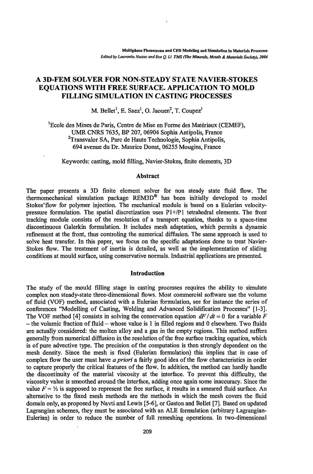 First page of A 3D-FEM SOLVER FOR NON-STEADY STATE NAVIER-STOKES EQUATIONS WITH FREE SURFACE. APPLICATION TO MOLD FILLING SIMULATION IN CASTING PROCESSES