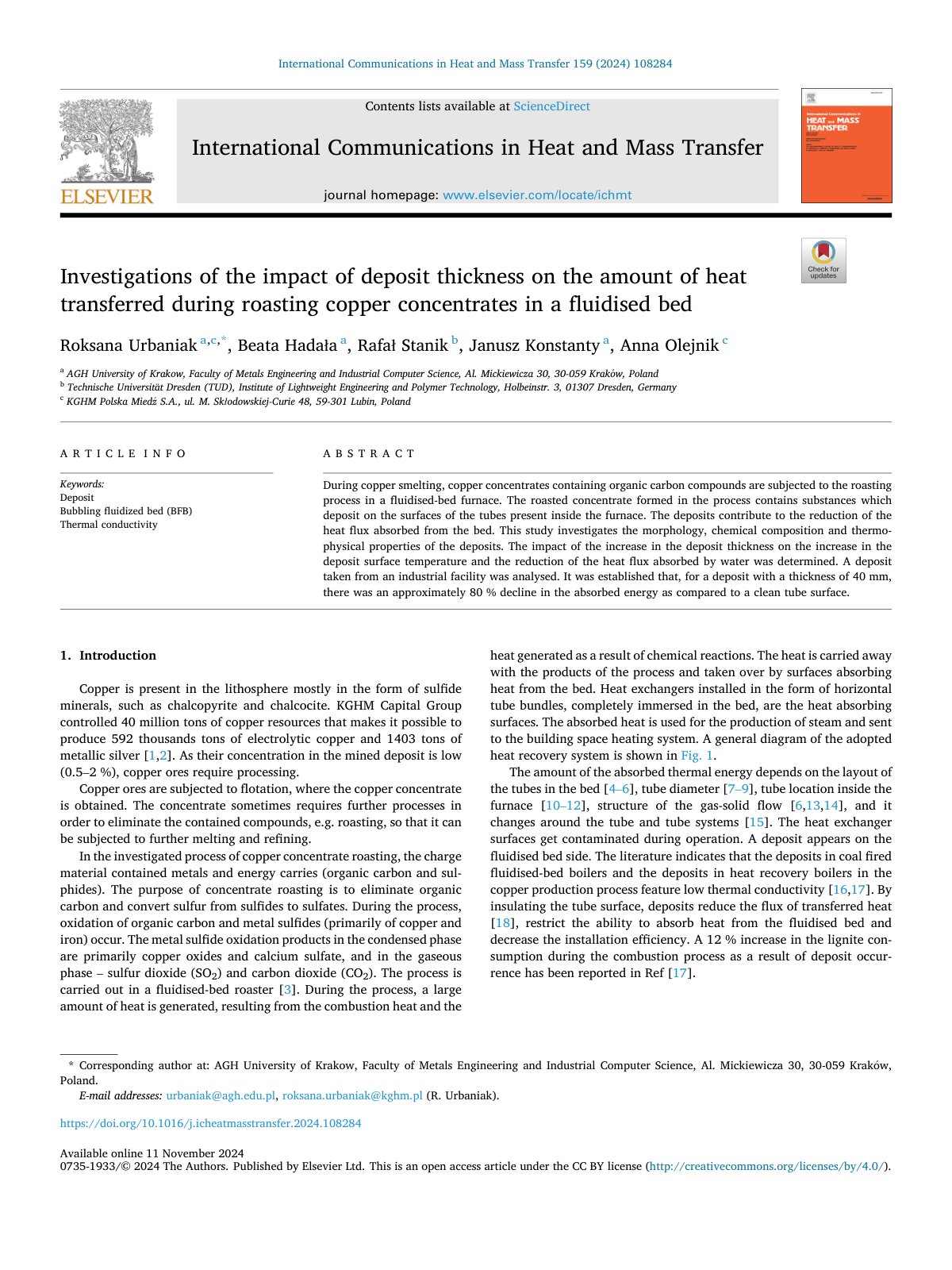 First page of Investigations of the impact of deposit thickness on the amount of heat transferred during roasting copper concentrates in a fluidised bed