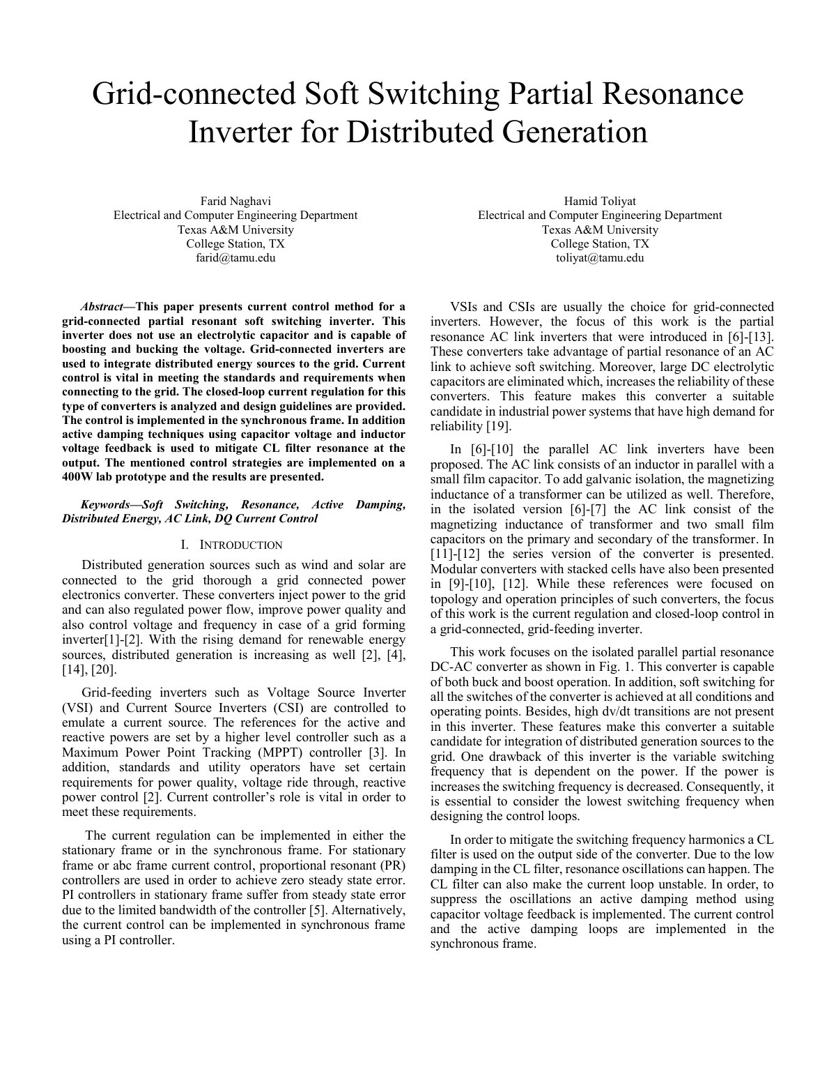 First page of Grid-connected Soft Switching Partial Resonance Inverter for Distributed Generation
