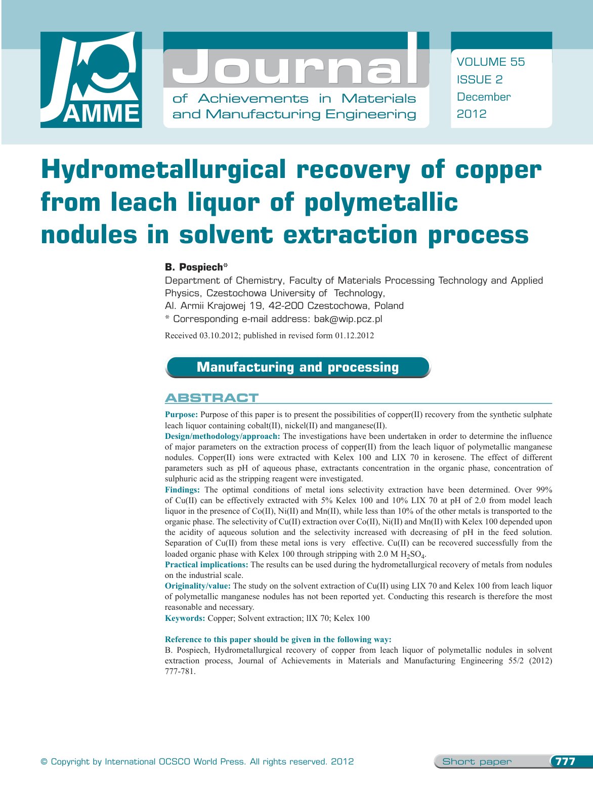 First page of Hydrometallurgical recovery of copper fr