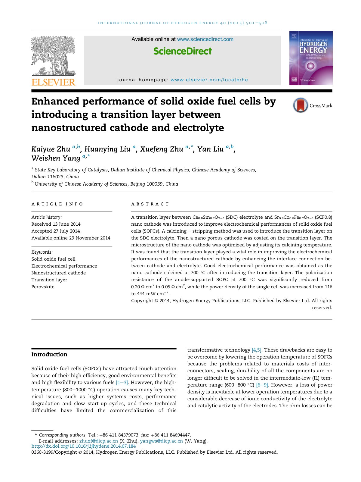 First page of Enhanced performance of solid oxide fuel cells by introducing a transition layer between nanostructured cathode and electrolyte