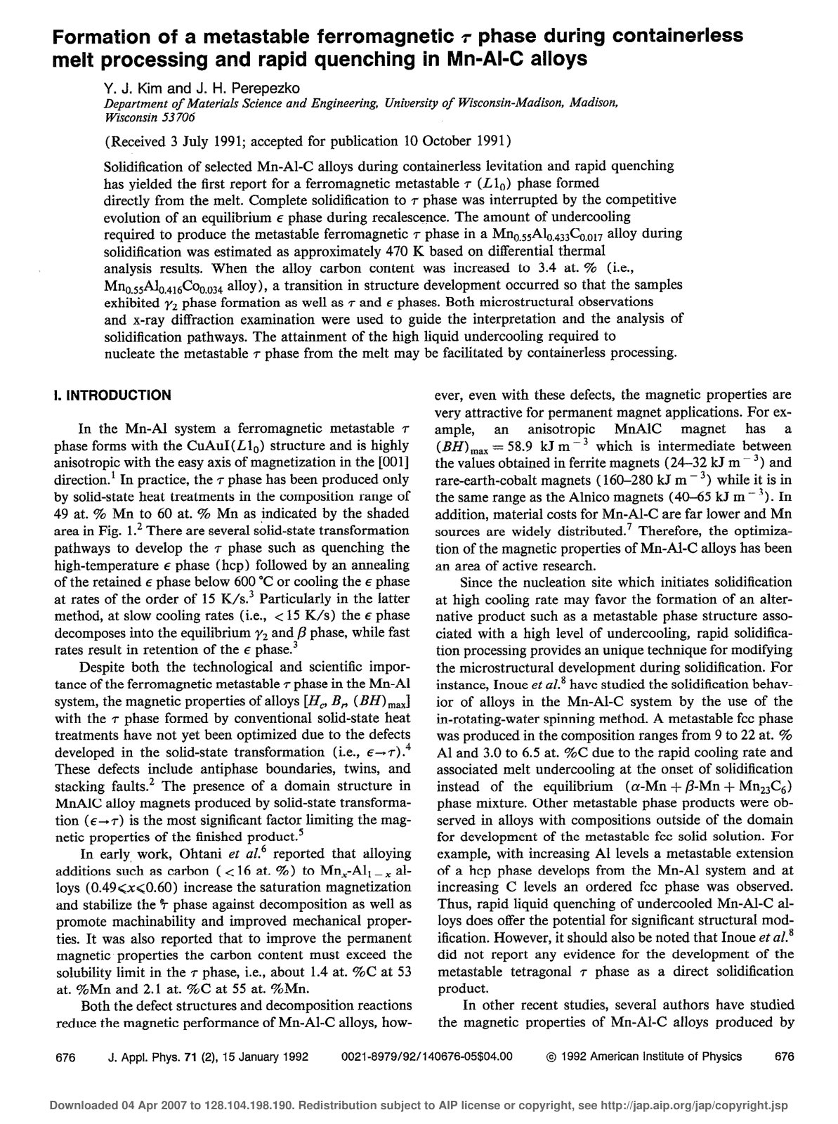 First page of Formation of a metastable ferromagnetic T phase during containerless melt processing and rapid quenching in Mn-AI-C alloys