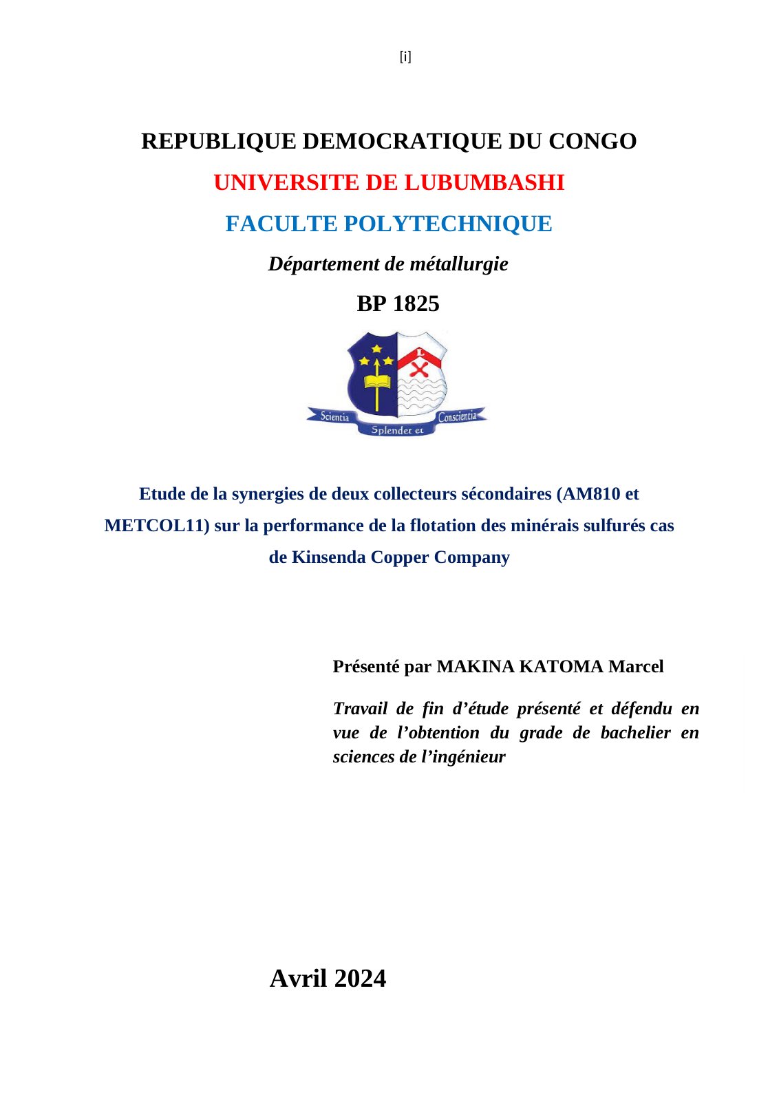 First page of Etude de la synergies de deux collecteurs sécondaires (AM810 et METCOL11) sur la performance de la flotation des minérais sulfurés cas de Kinsenda Copper Company