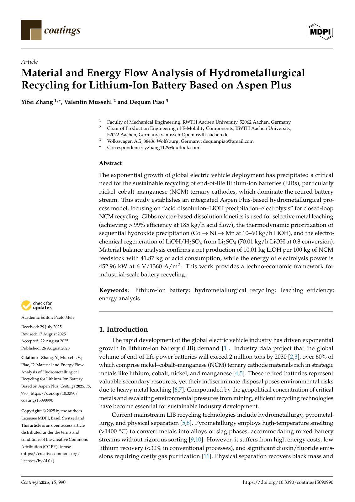 First page of 2025   Zhang   Hydrometallurgical recycling material and energy flow