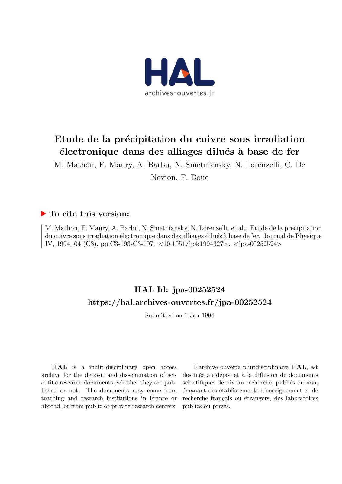 First page of Etude de la precipitation du cuivre sous