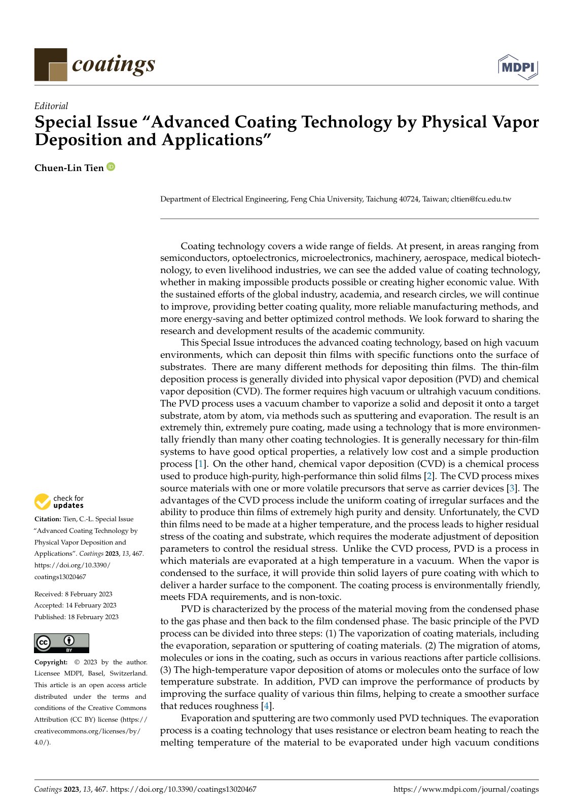First page of Special Issue “Advanced Coating Technology by Physical Vapor Deposition and Applications”