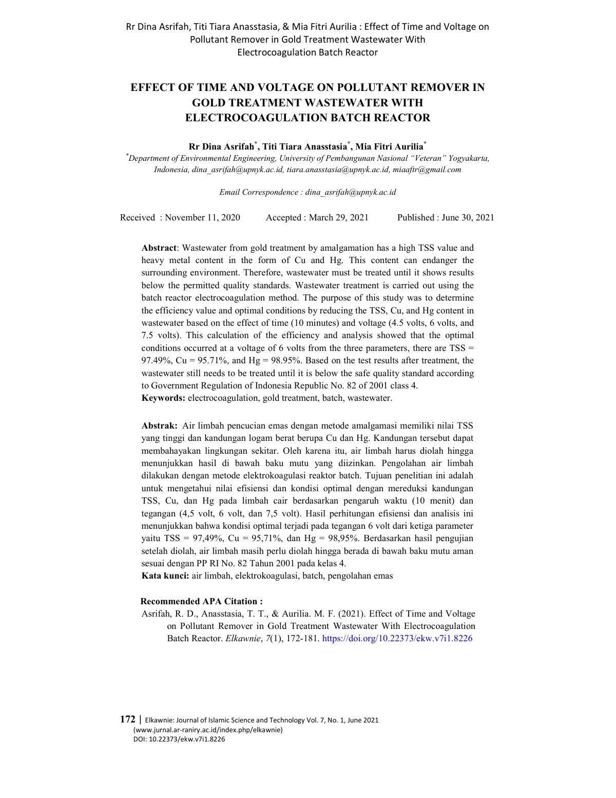 First page of Effect of Time and Voltage on Pollutant Remover in Gold Treatment Wastewater With Electrocoagulation Batch Reactor