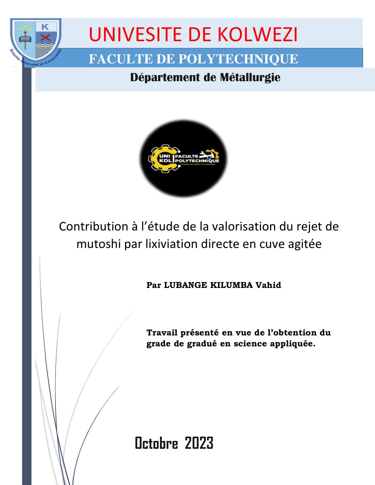 First page of Contribution à l’étude de la valorisation du rejet de mutoshi par lixiviation directe en cuve agitée