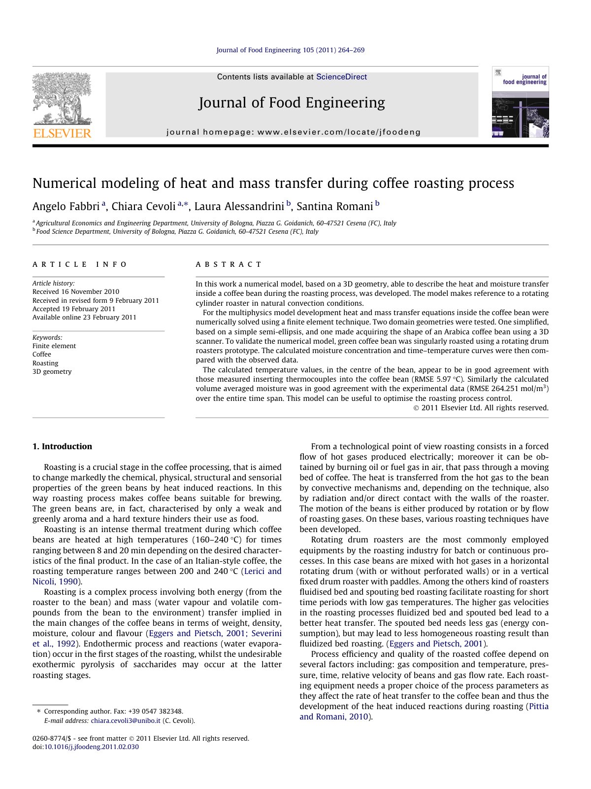First page of Numerical modeling of heat and mass transfer during coffee roasting process