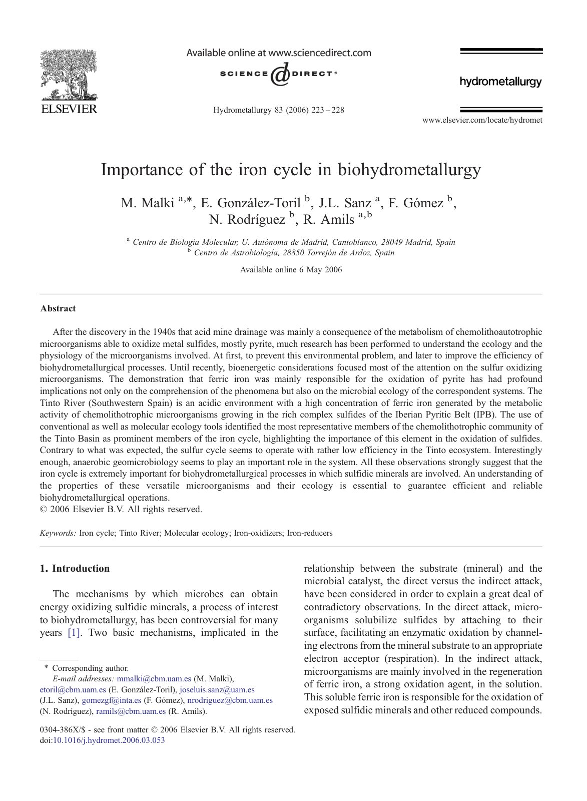 First page of Importance of the iron cycle in biohydrometallurgy
