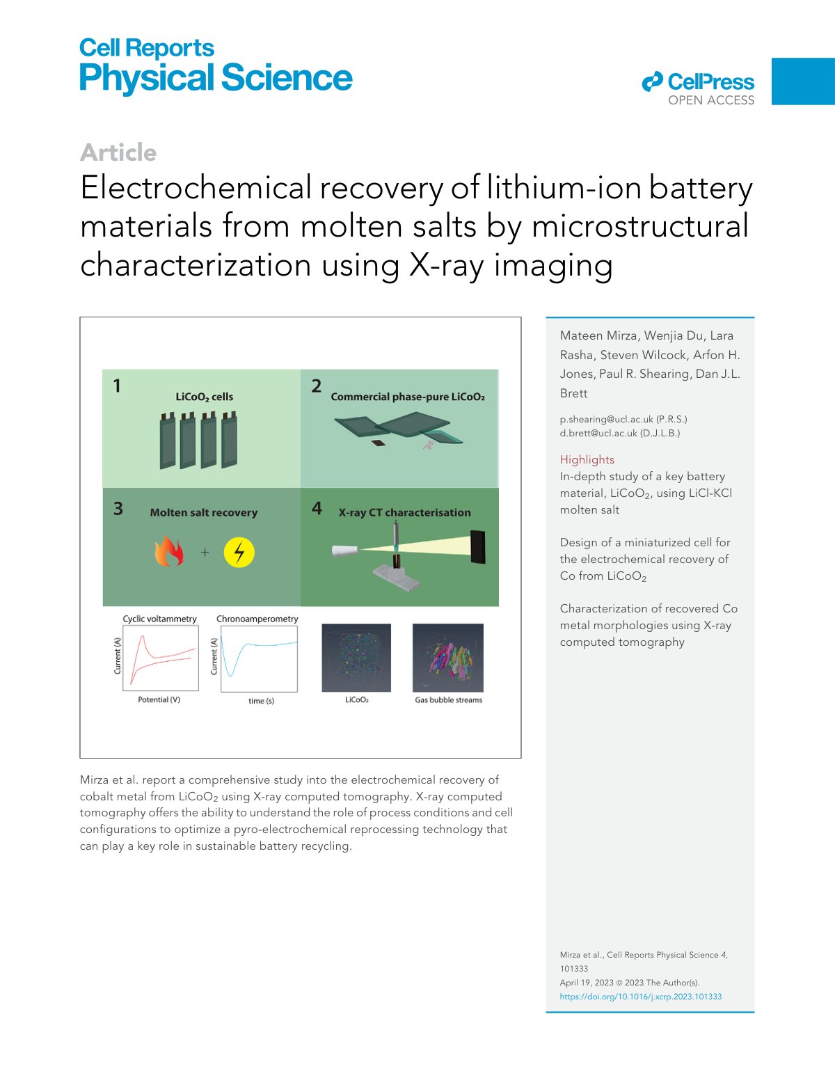 First page of Electrochemical recovery of lithium-ion battery materials from molten salts by microstructural characterization using X-ray imaging