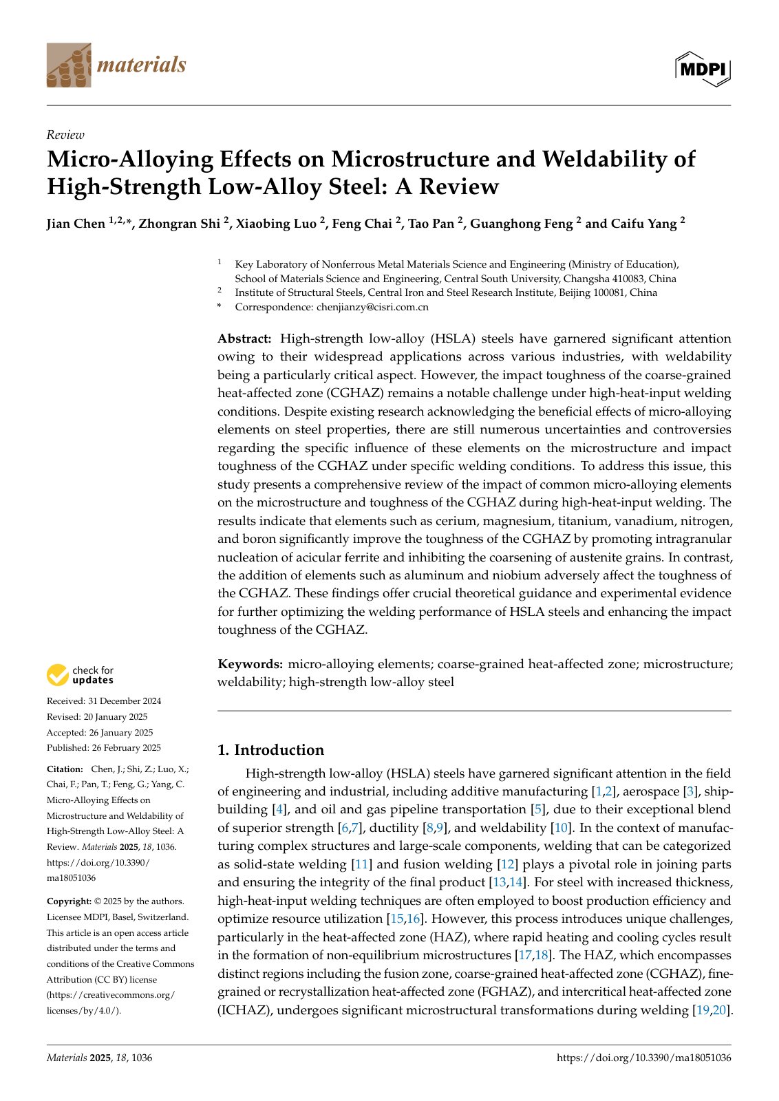 First page of Micro-Alloying Effects on Microstructure and Weldability of High-Strength Low-Alloy Steel: A Review