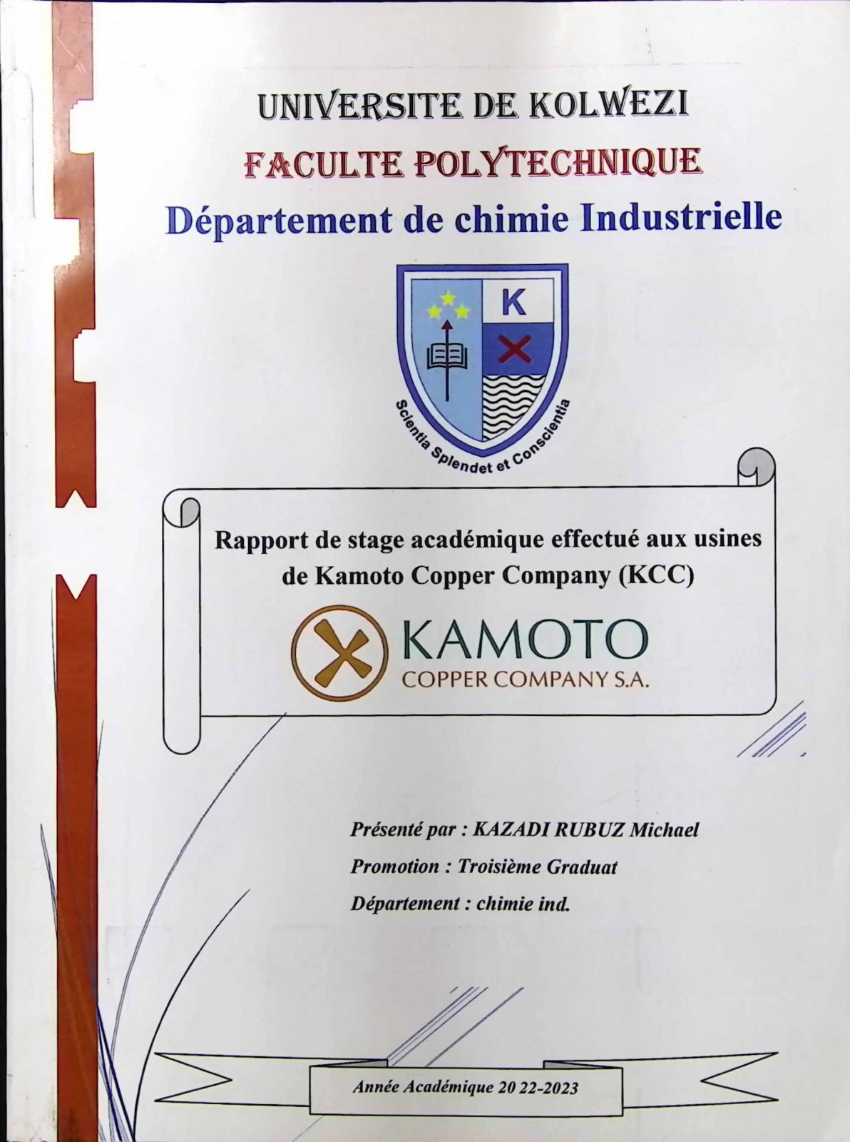 First page of Rapport de stage académique effectué aux usines de Kamoto Copper Company (KCC)