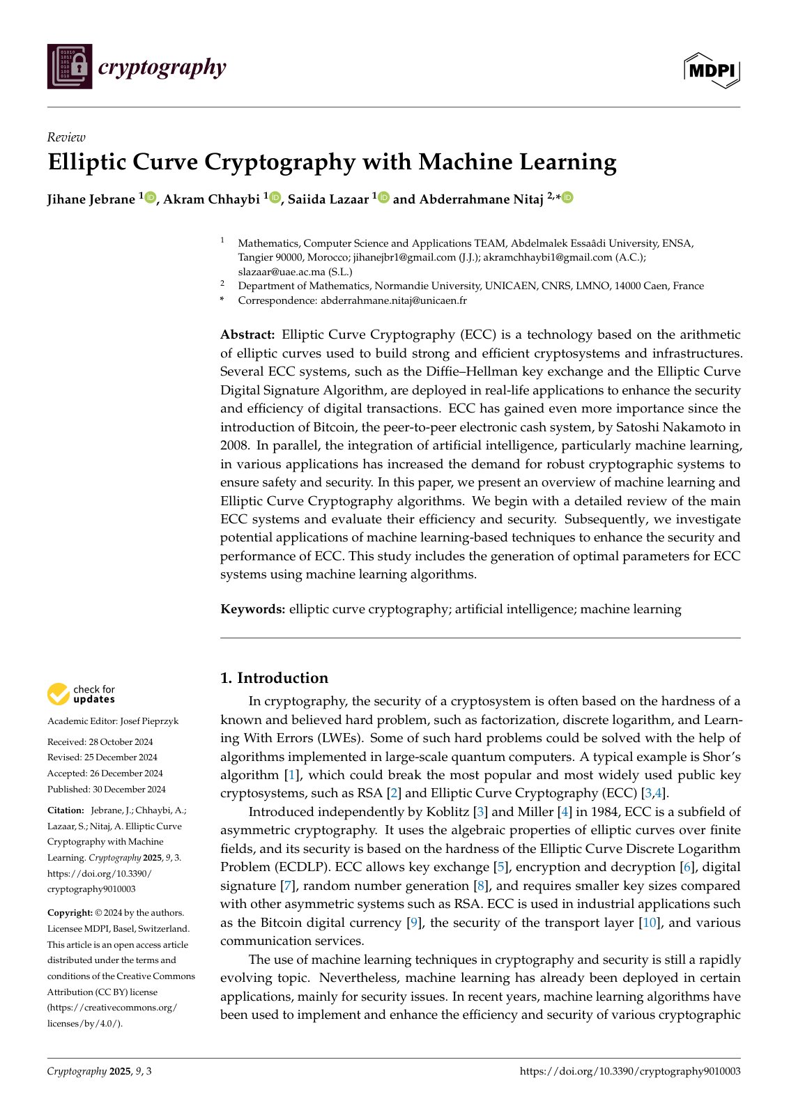 First page of Elliptic Curve Cryptography with Machine Learning