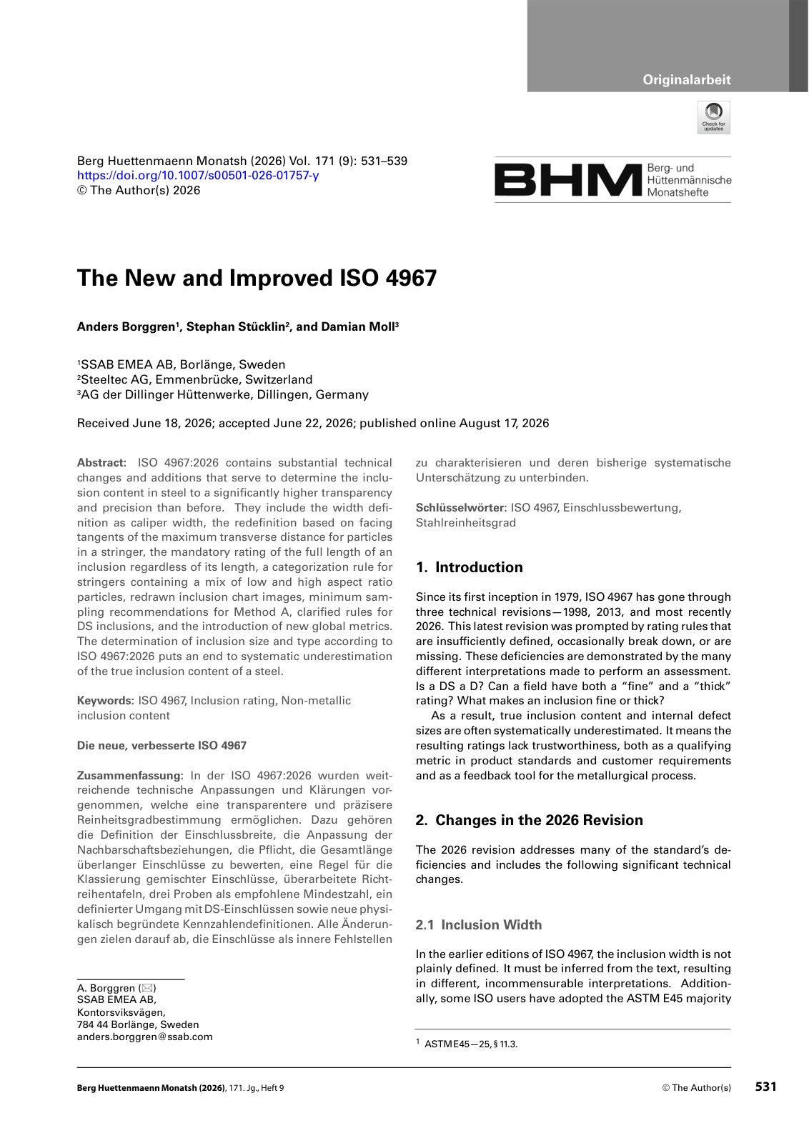 First page of 2026 Borggren ISO4967 Inclusion Rating