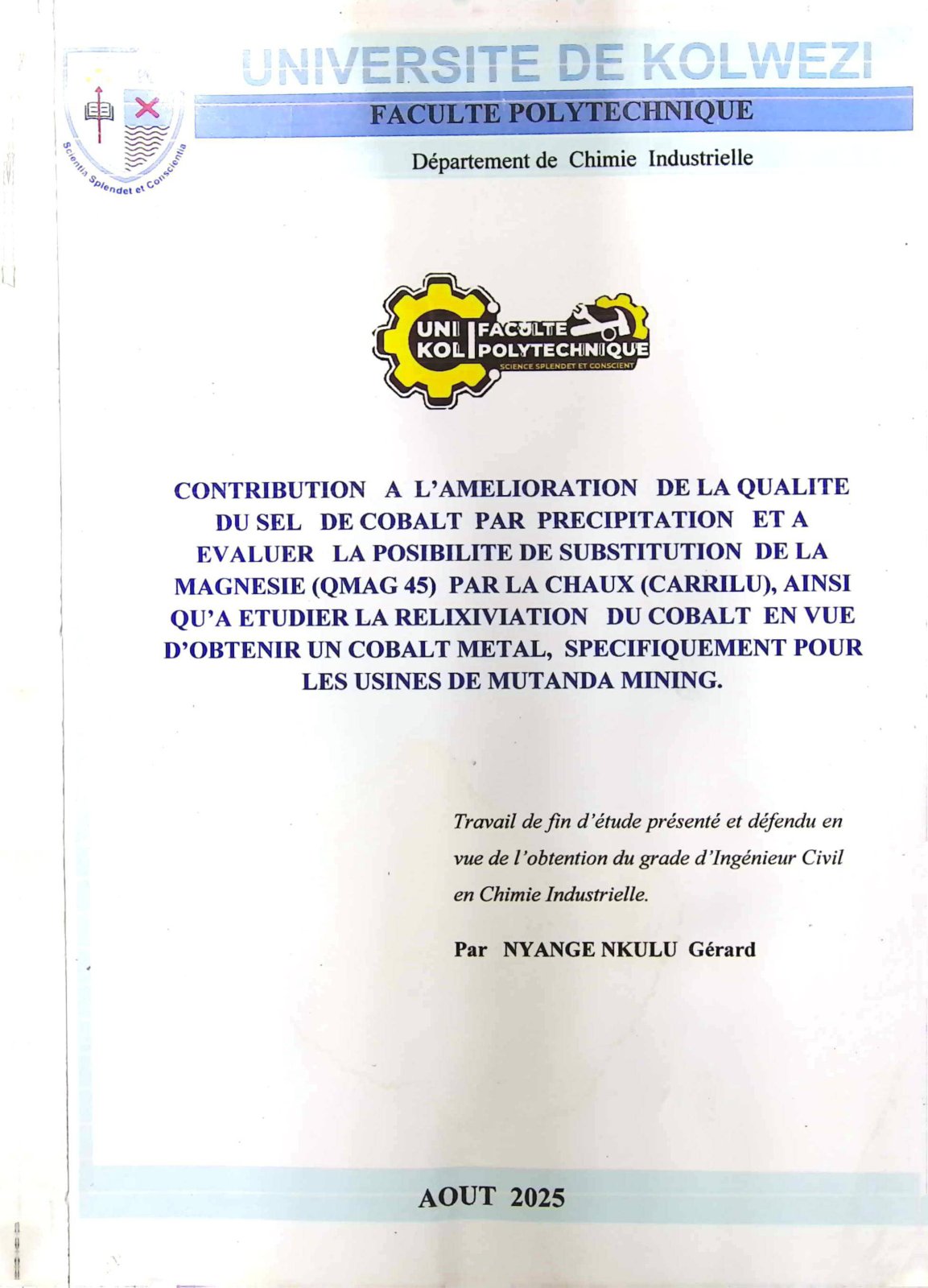 First page of CONTRIBUTION A L'AMELIORATION DE LA QUALITE DUSEL DE COBALT PAR PRECIPITATION ET A EV ALUER LA POSIBILITE DE SUBSTITUTION DE LA MAGNESIE (QMAG 45) PAR LA CHAUX (CARRILU), AINSI QU'A ETUDIER LA RELIXIVIA TION DU COBALT EN VUE D'OBTENIR UN COBALT METAL, SPECIFIQUEMENT POUR LES USINES DE MUTANDA MINING.