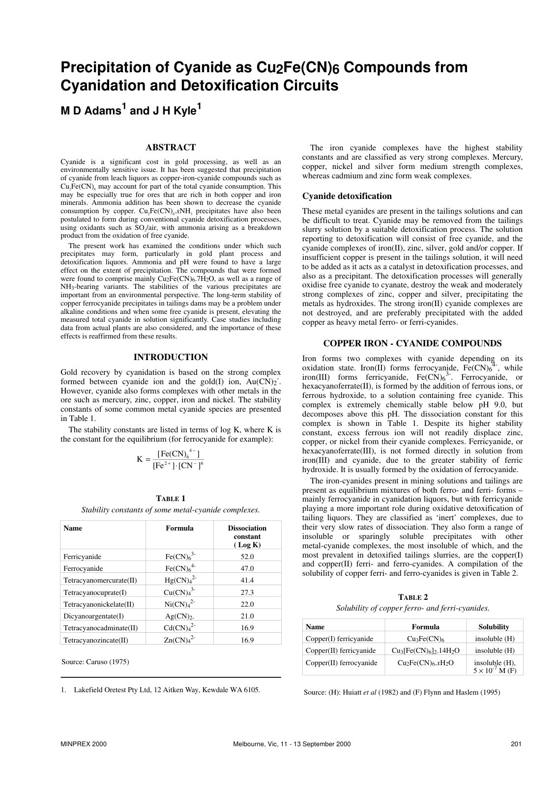 First page of Precipitation of Cyanide as Cu2 Fe(CN)6 Compounds from Cyanidation and Detoxification Circuits