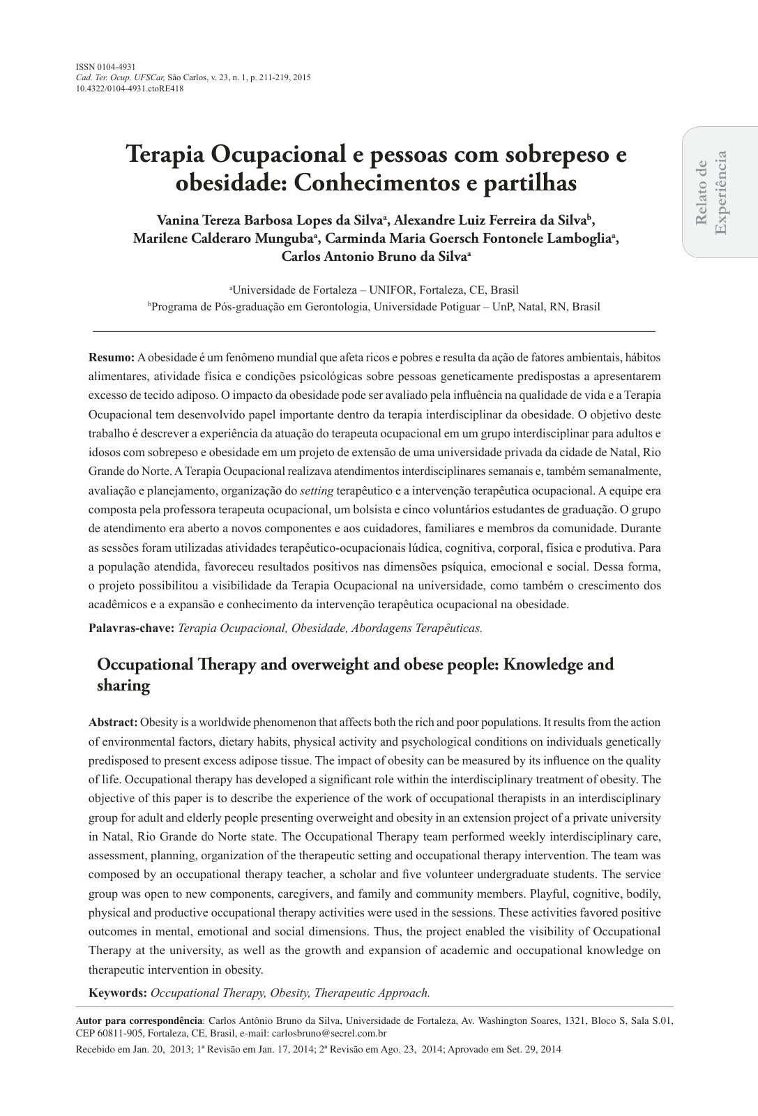 First page of Occupational Therapy and overweight and obese people: Knowledge and sharing