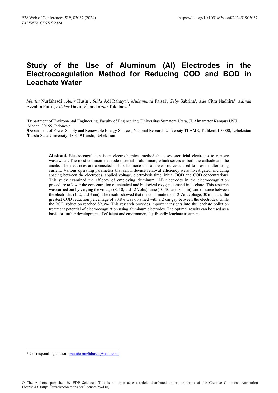 First page of Study of the Use of Aluminum (Al) Electrodes in the Electrocoagulation Method for Reducing COD and BOD in Leachate Water