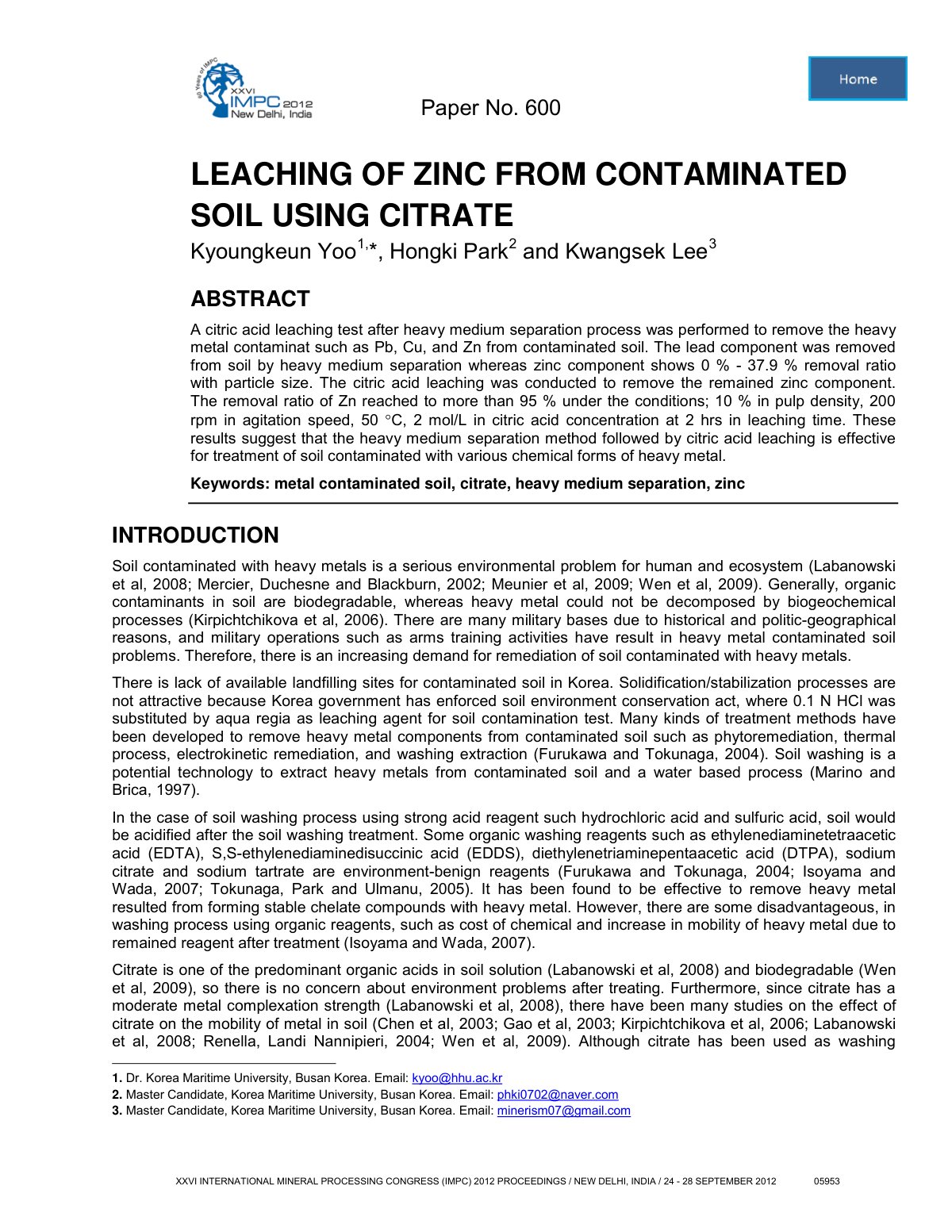 First page of LEACHING OF ZINC FROM CONTAMINATED SOIL USING CITRATE