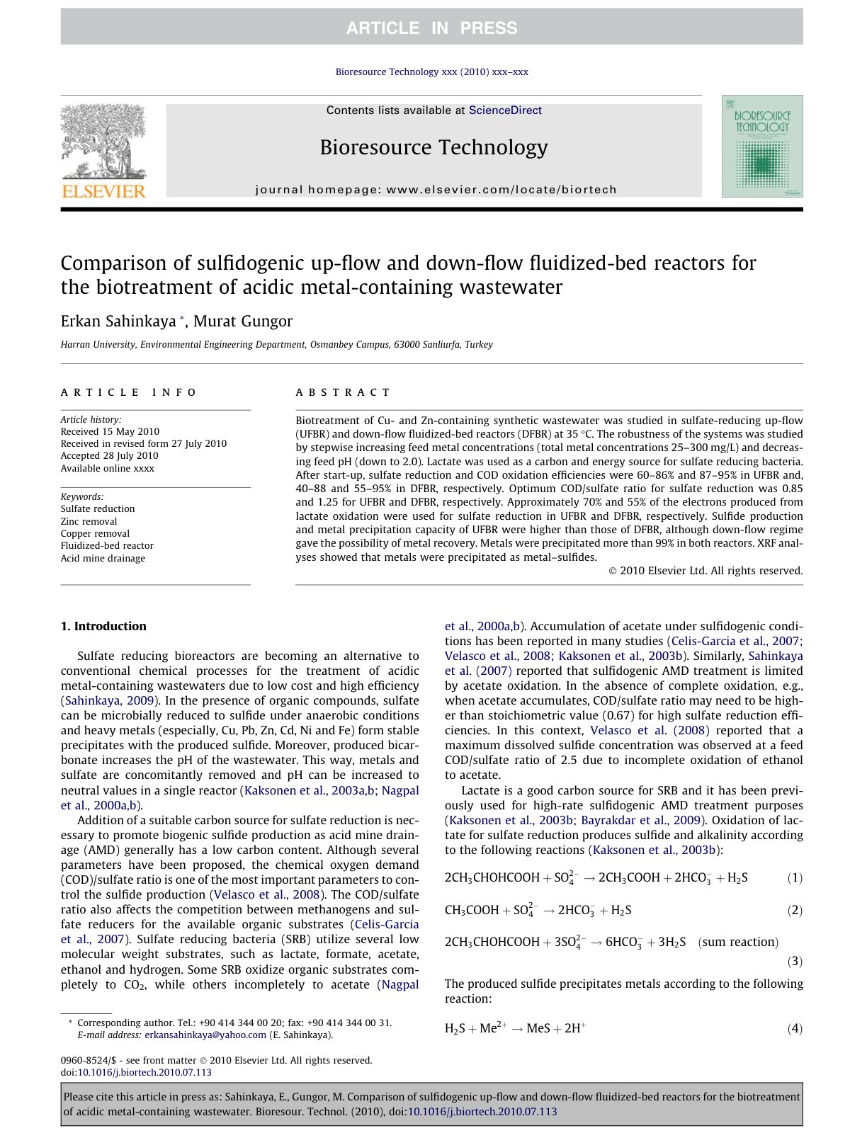 First page of Comparison of sulﬁdogenic up-ﬂow and down-ﬂow ﬂuidized-bed reactors for the biotreatment of acidic metal-containing wastewater