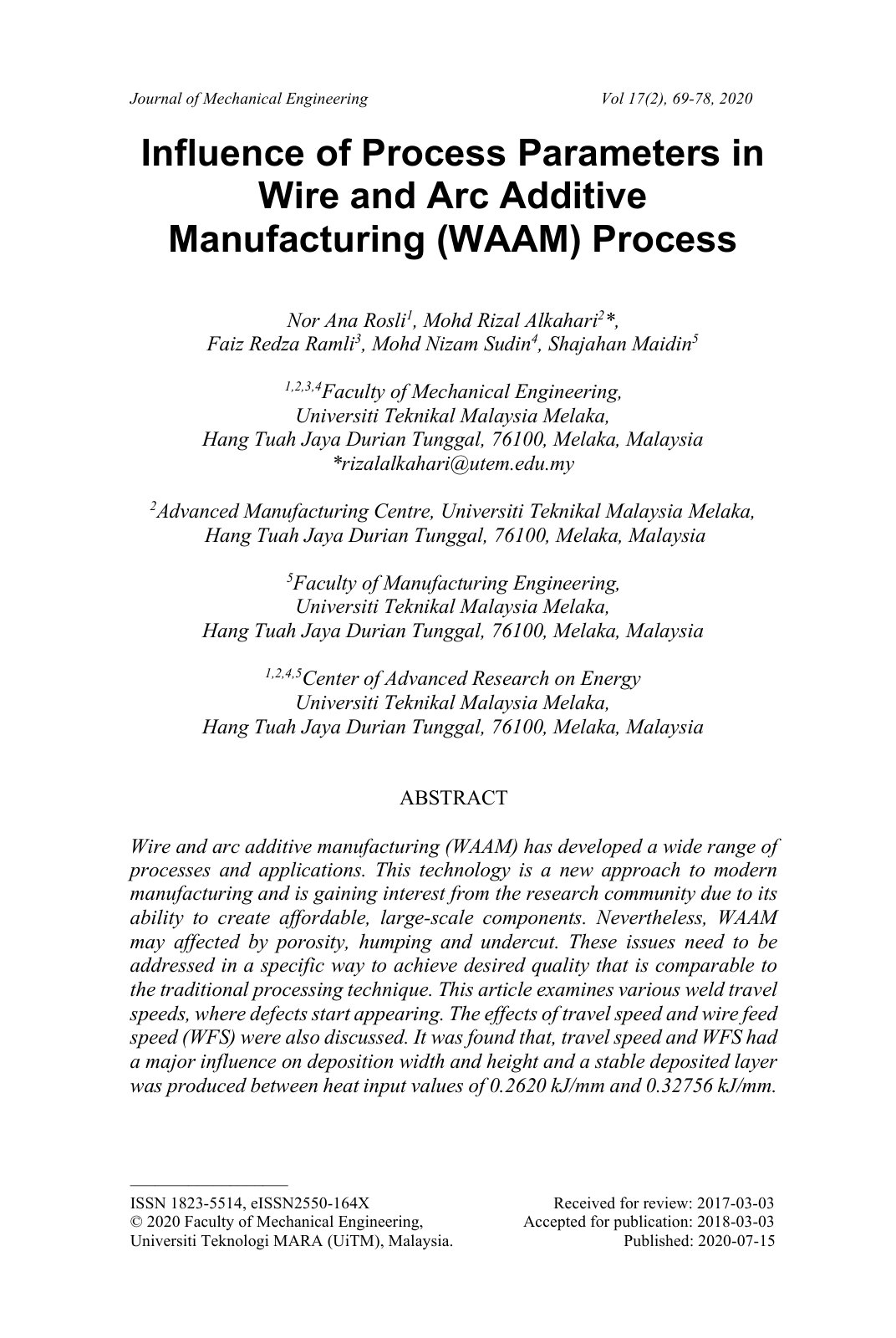 First page of Influence of Process Parameters in Wire and Arc Additive Manufacturing (WAAM) Process