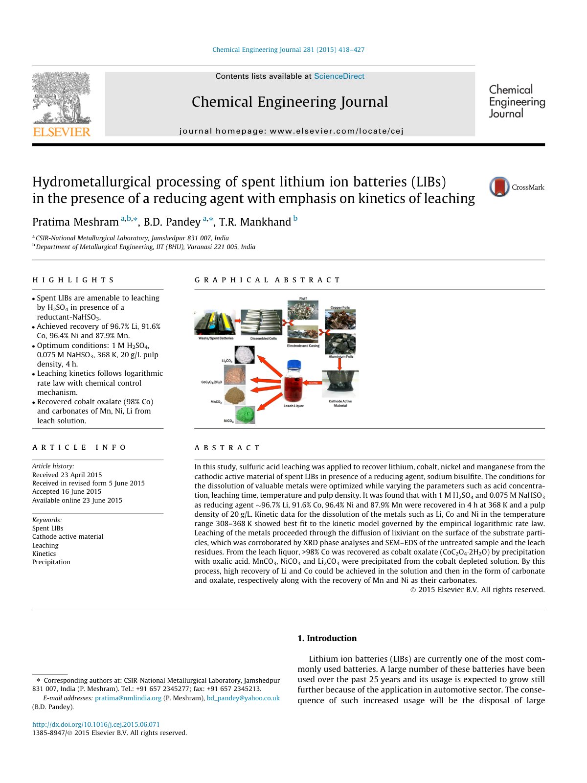 First page of Hydrometallurgical processing of spent l