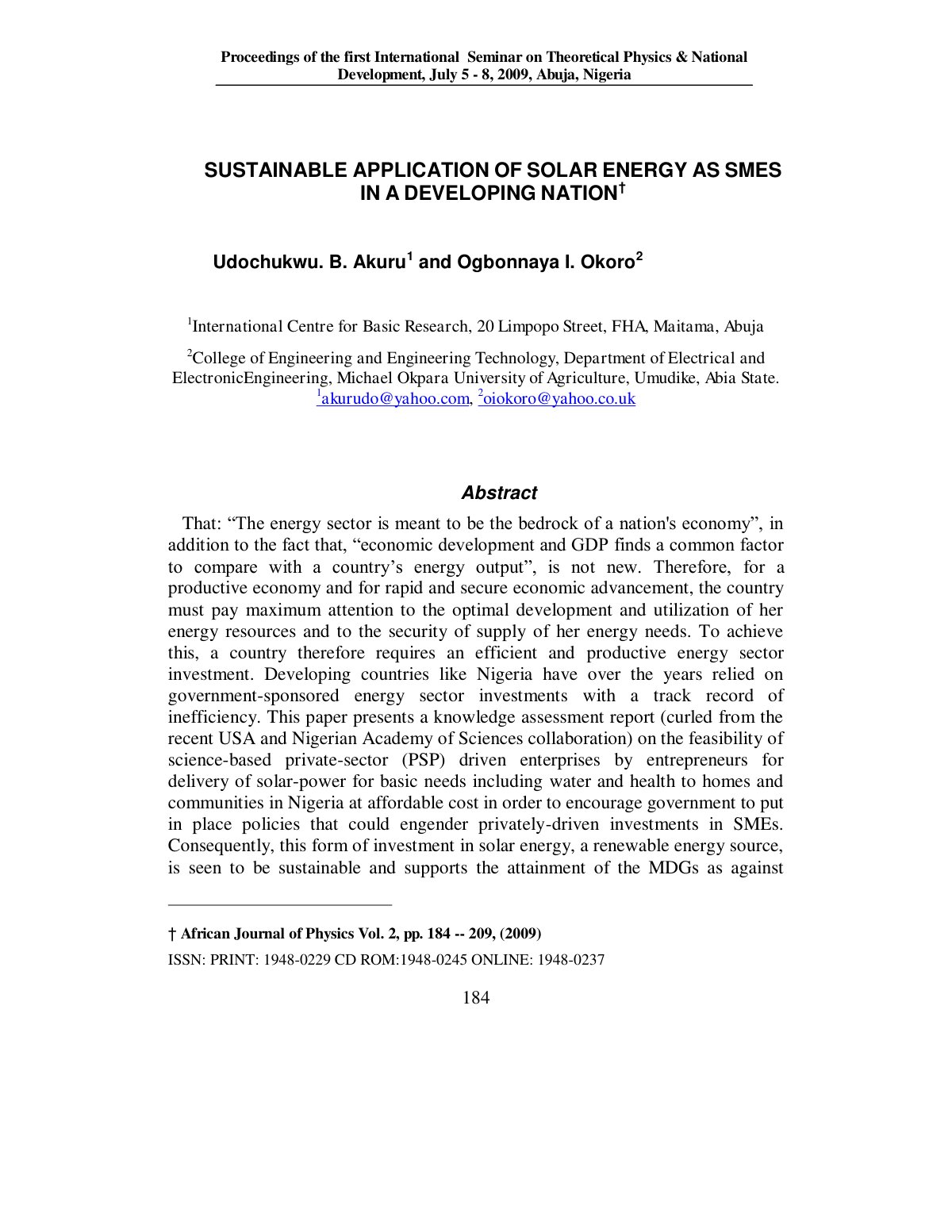 First page of Sustainable application of solar energy