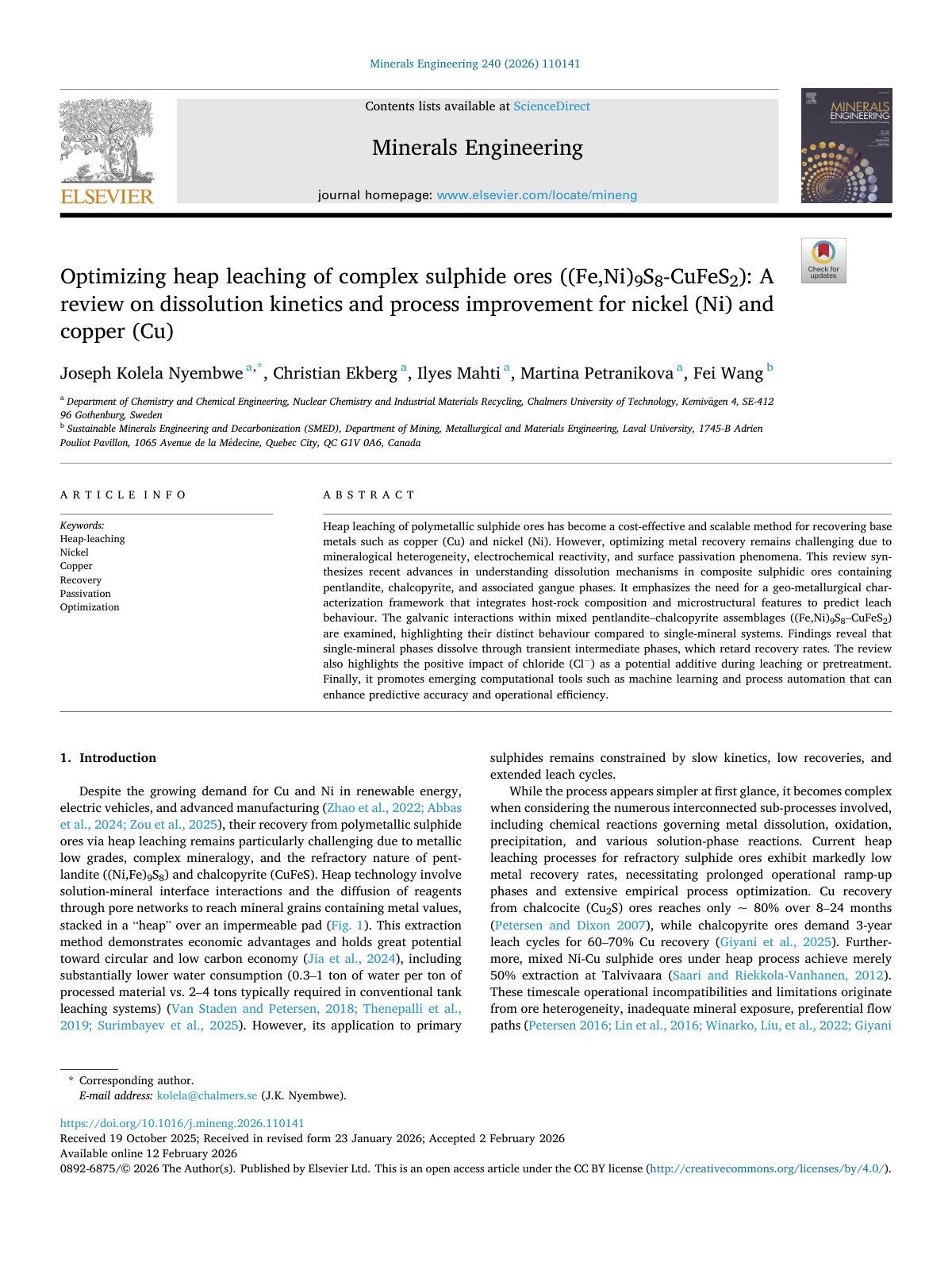 First page of Optimizing heap leaching of complex sulphide ores   Fe Ni 9S8 C 2026 Mineral