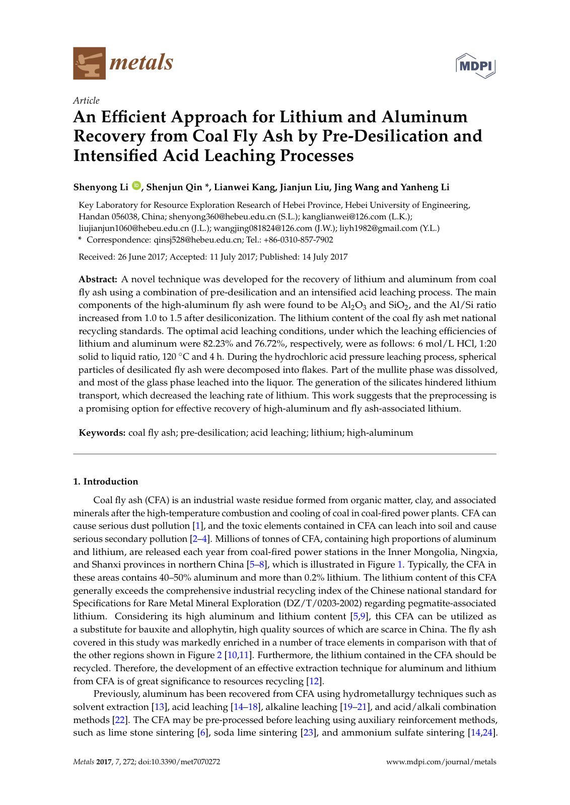 First page of 2017   Li   Lithium and aluminum recovery from coal fly ash