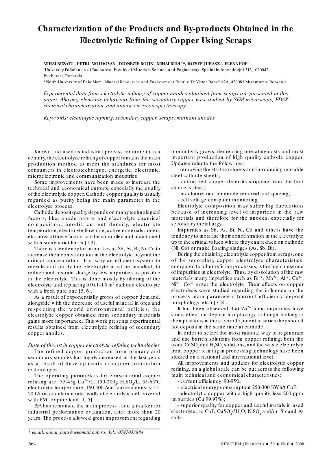 First page of Characterization of the Products and By-products Obtained in the Electrolytic Refining of Copper Using Scraps